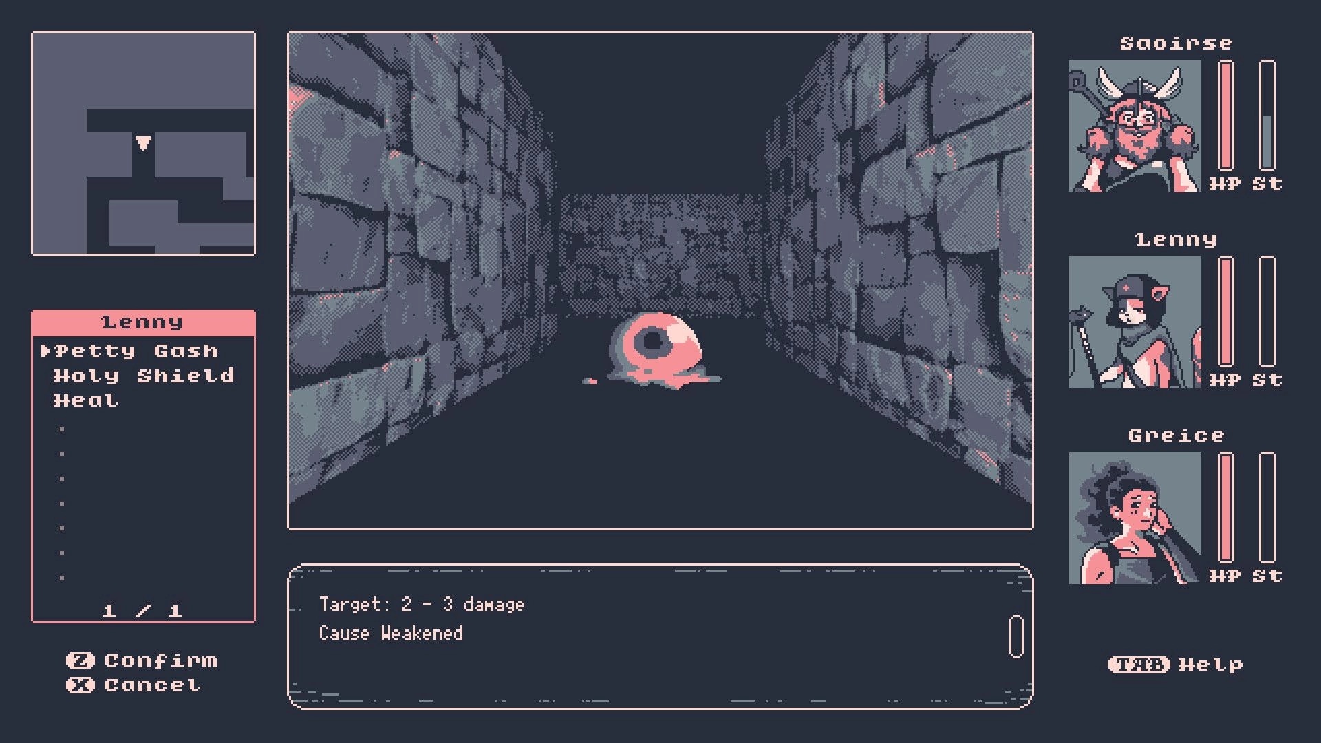 Final Flavor: Turn-based battle menu selecting Lenny skills vs a pink blob in a stone corridor dungeon.