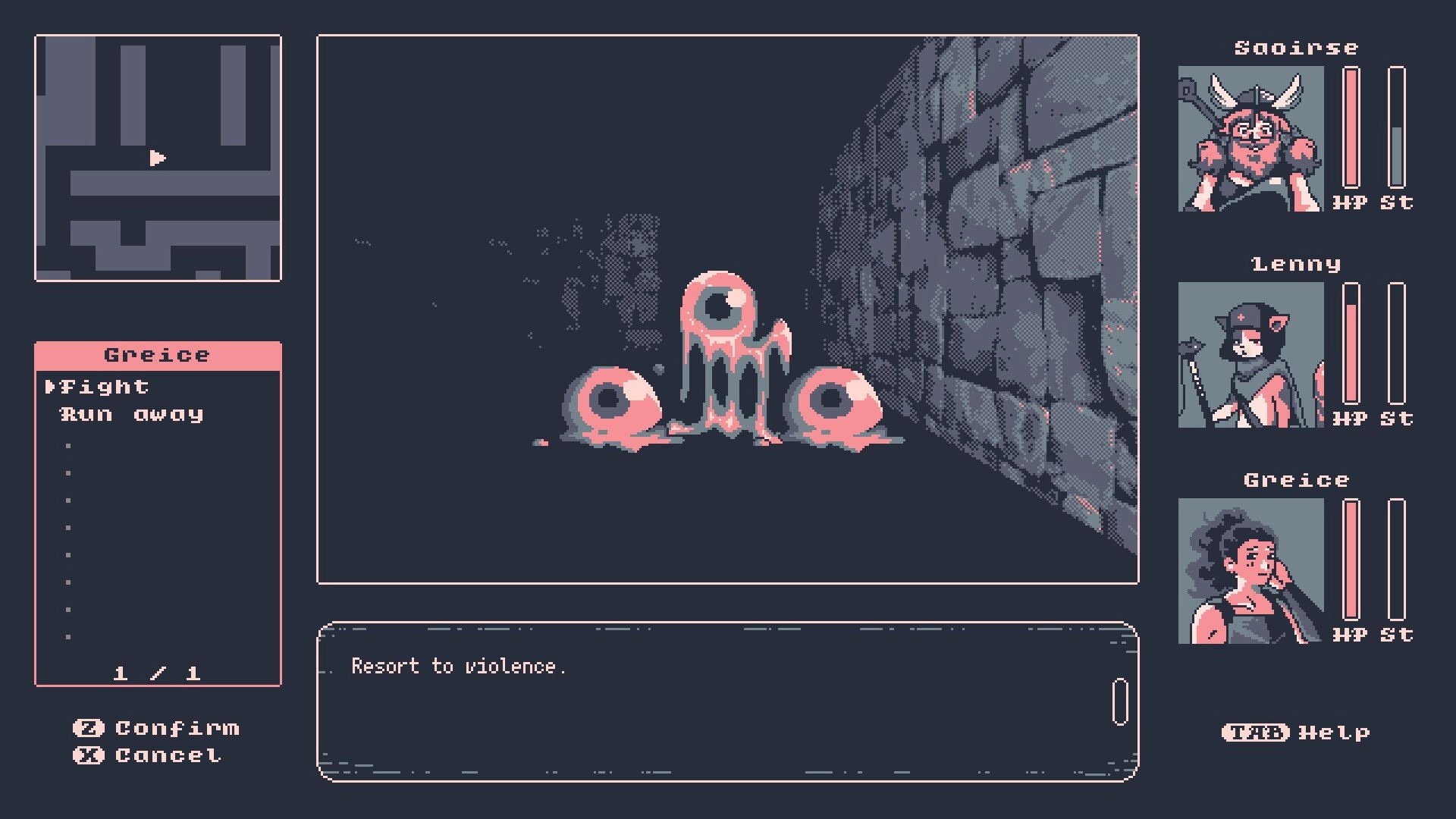 Final Flavor: Greice combat menu with Fight/Run away facing slime eyeballs in a stone corridor dungeon.