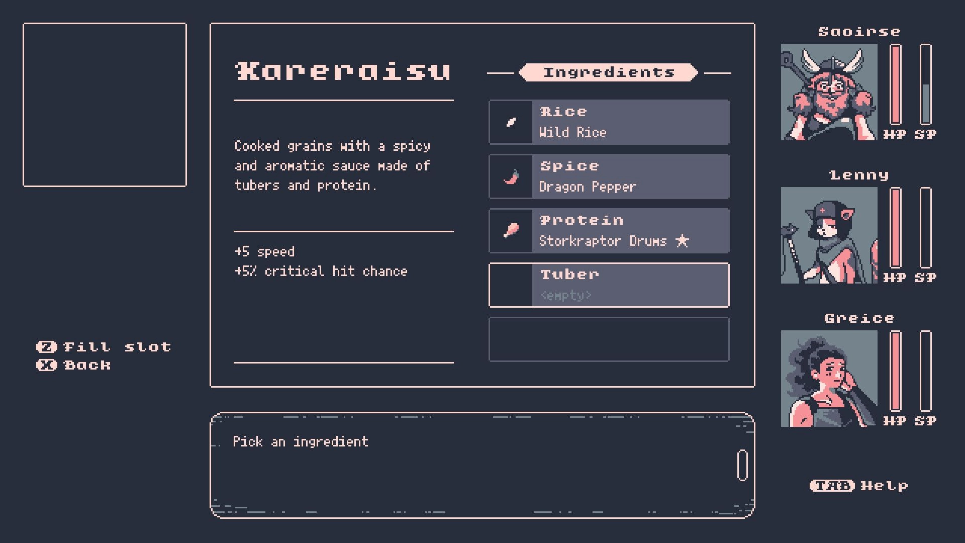 Final Flavor: Karenaisu recipe ingredients menu with party portraits and HP/SP bars on the right UI.