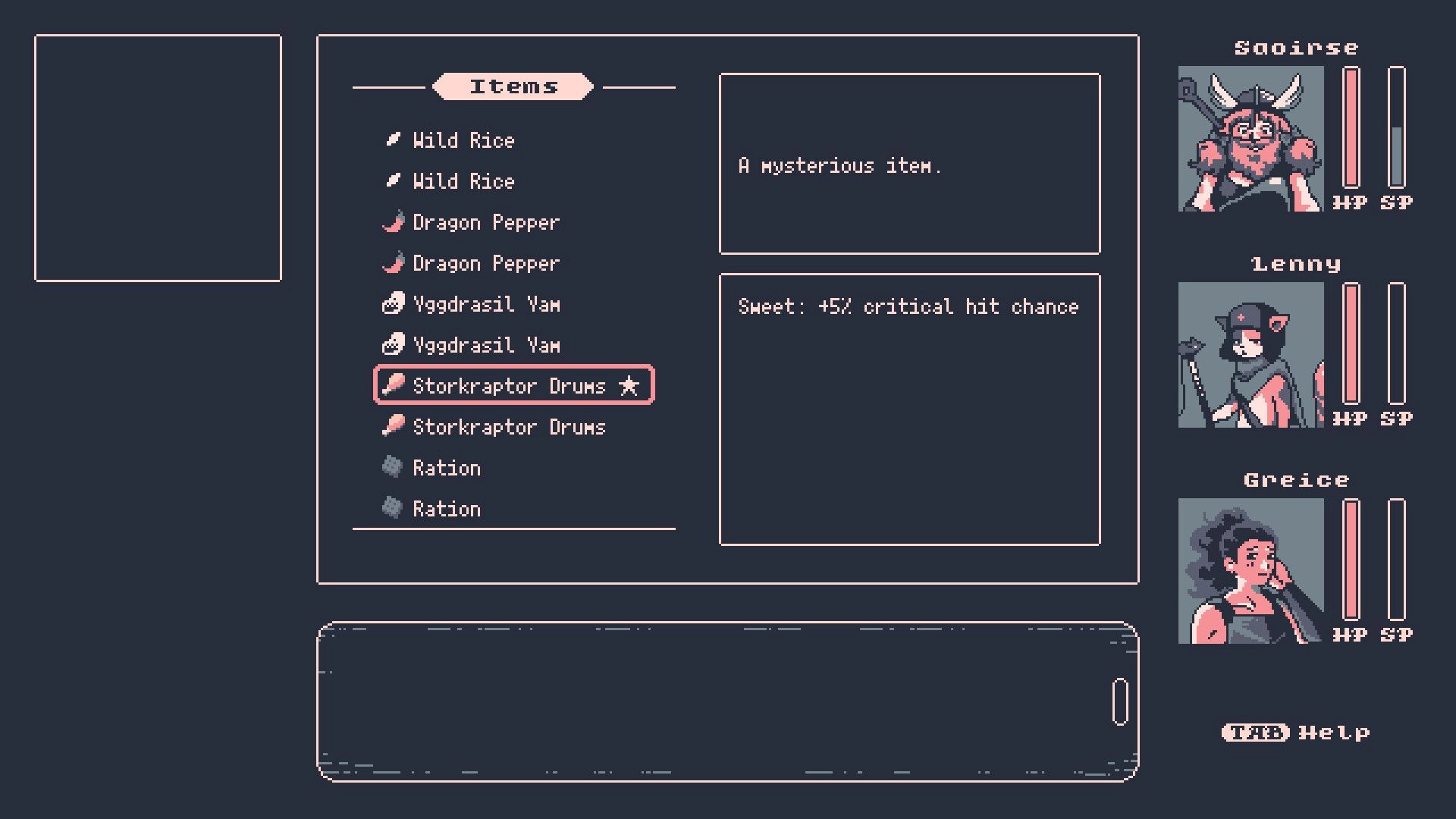 Final Flavor: Inventory items menu highlighting Storkraptor Drums with party portraits and HP/SP UI overlay.