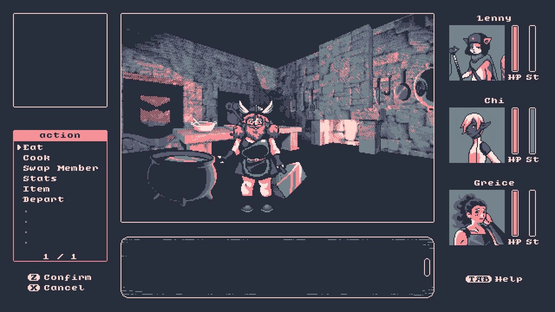Final Flavor: Action menu open by a cauldron in a stone kitchen, party portraits with HP/St bars.