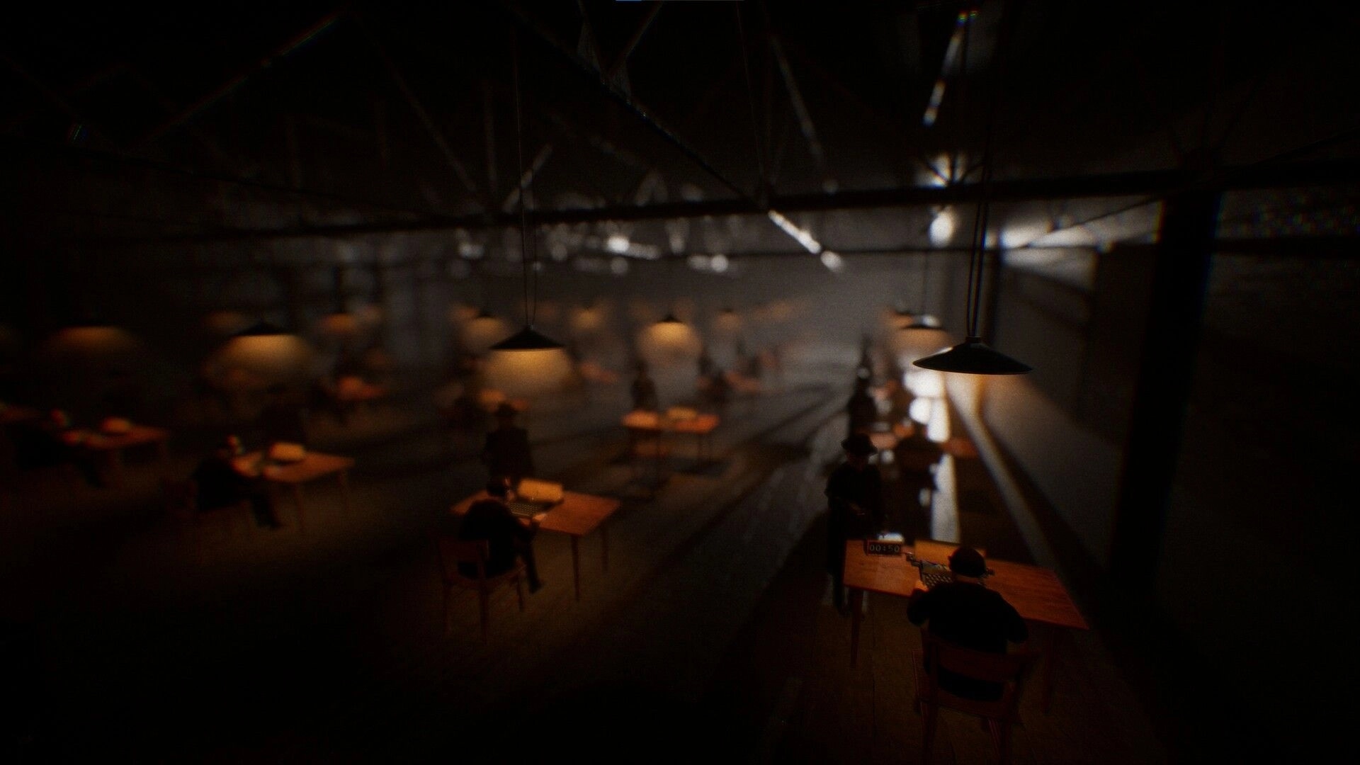 Final Sentence: Players typing at desks in dimly lit hangar, typewriters glowing under overhead lamps
