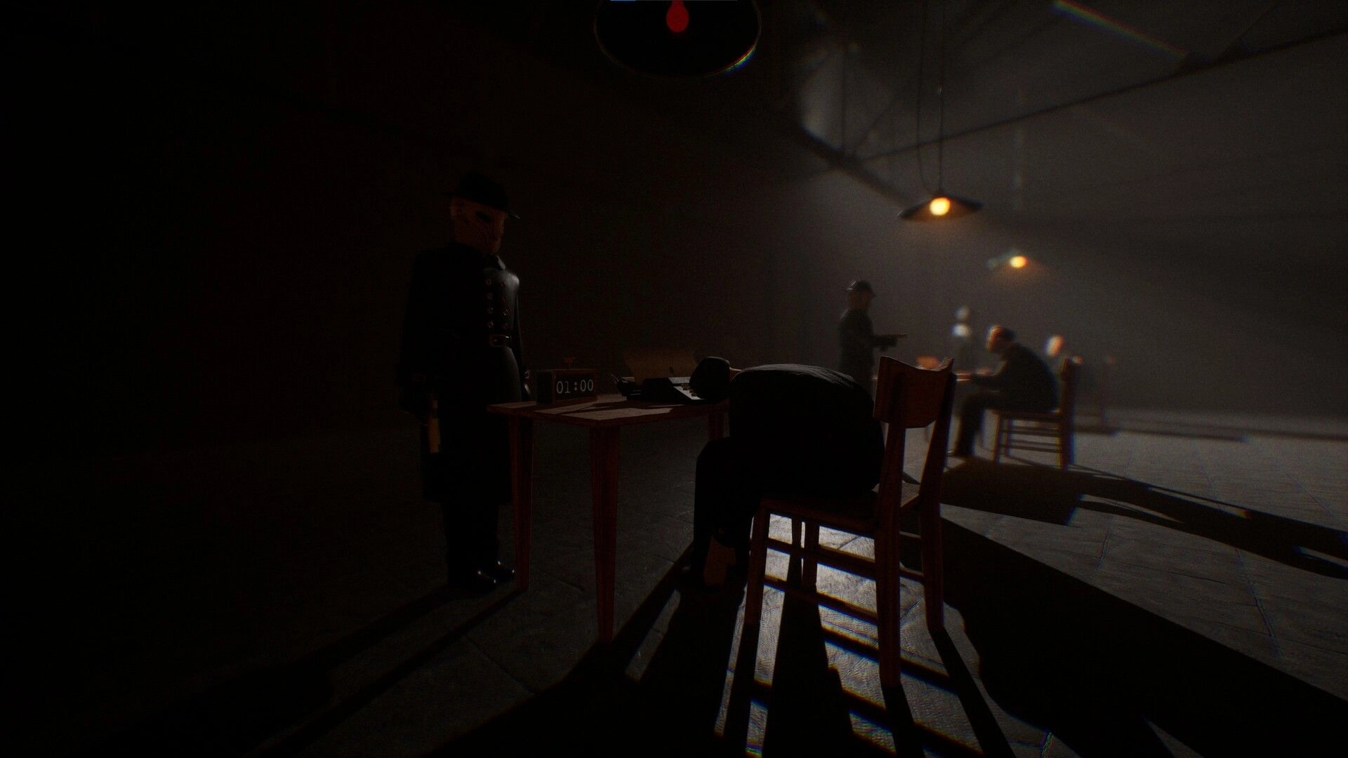 Final Sentence: Players at desks with typewriters in dimly lit hangar, one figure slumped over table