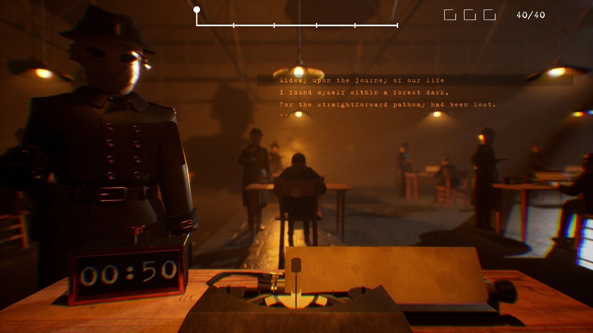 Final Sentence: Typing competition in dimly lit hangar with masked figures and countdown timer visible