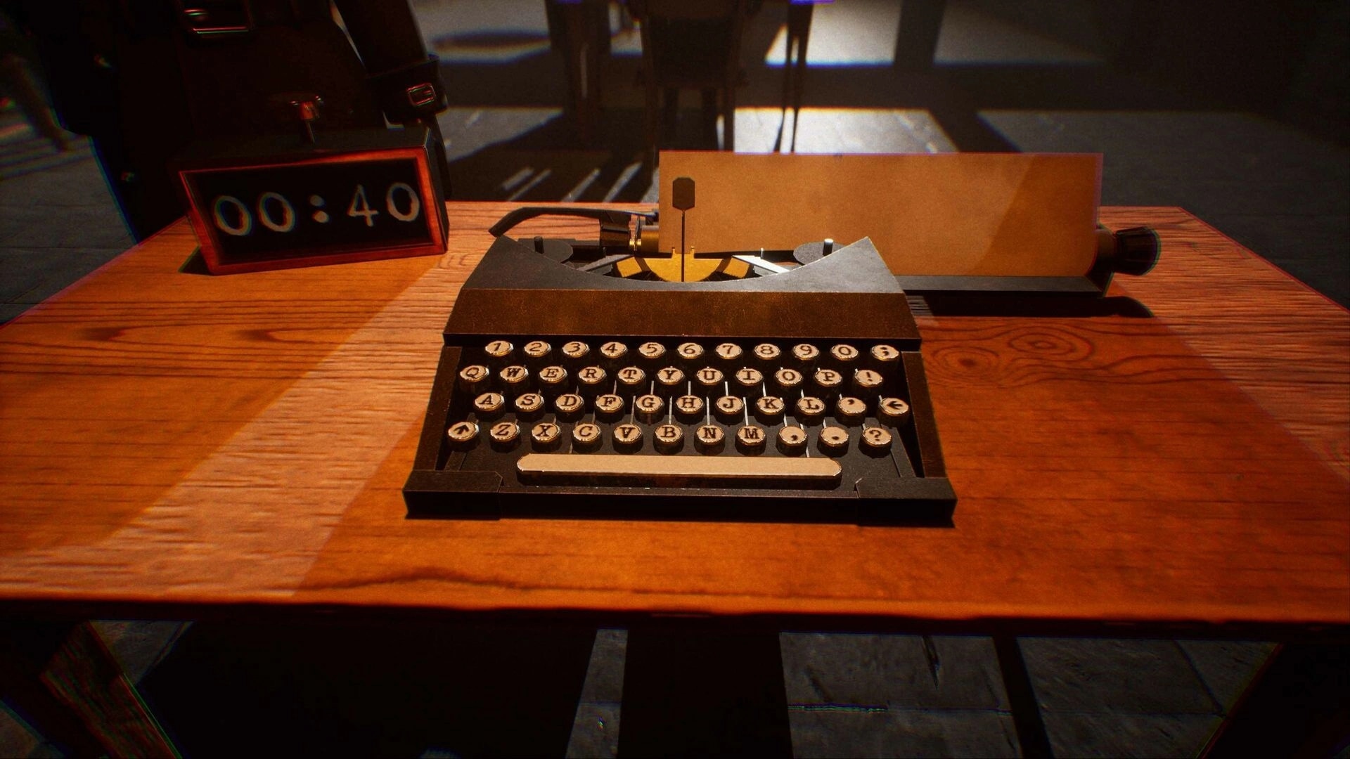 Final Sentence: Typewriter on wooden desk with timer reading 00:40 in dimly lit hangar environment