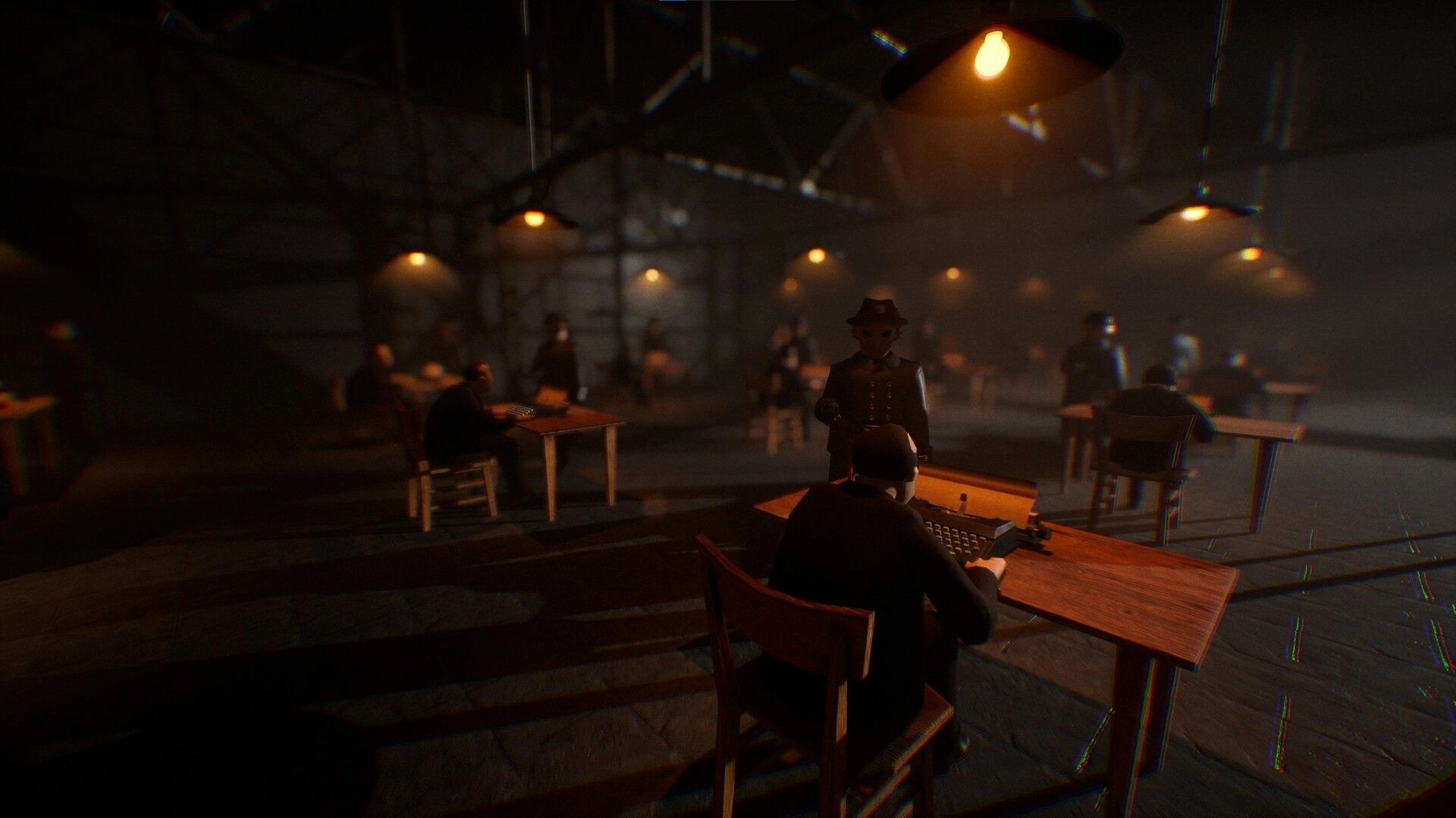 Final Sentence: Players type at desks under dim lights in a large, shadowy hangar environment.
