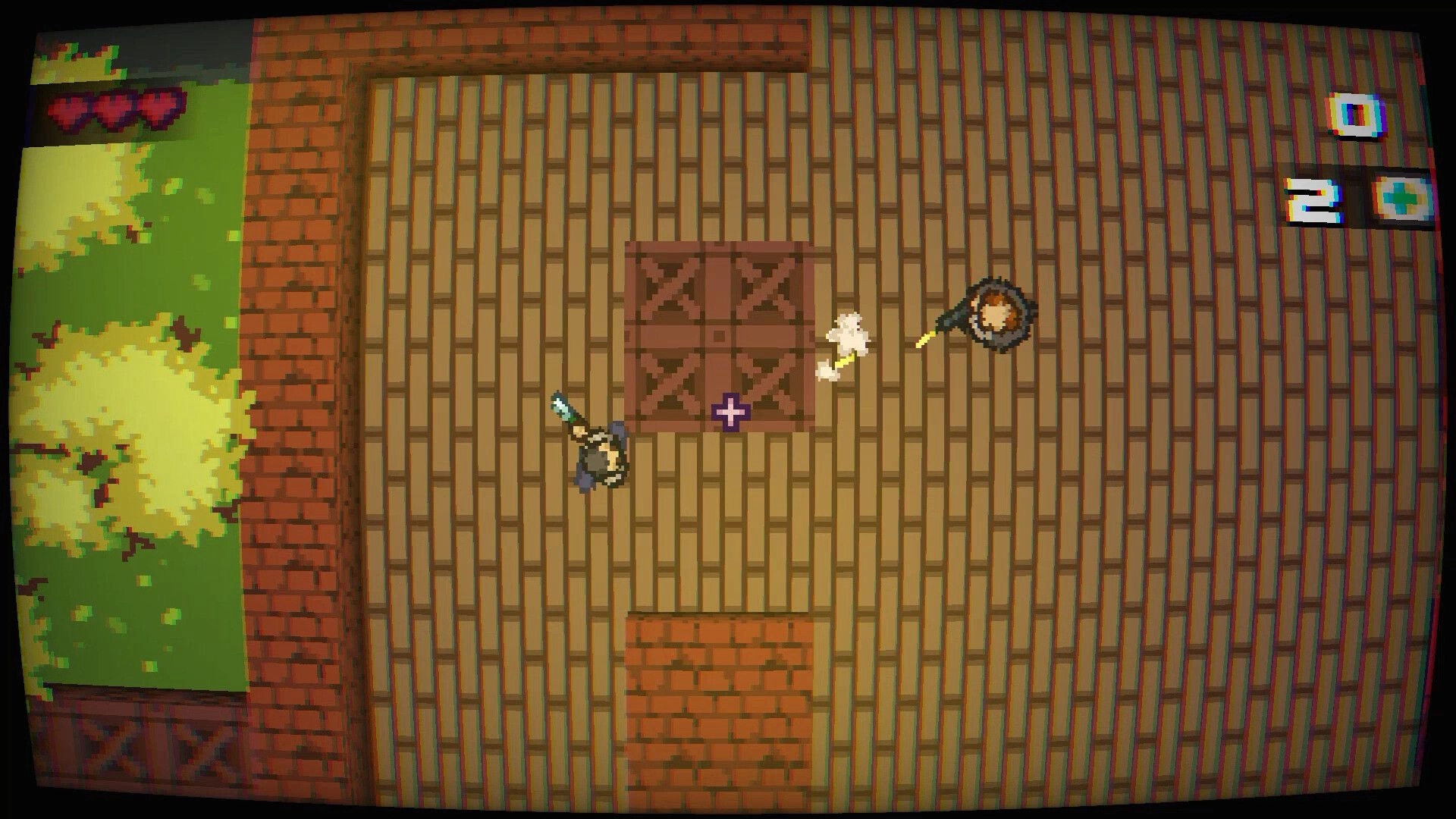 Final Shot: Player character dodges enemy attack in a brick-walled arena with health and score UI visible.