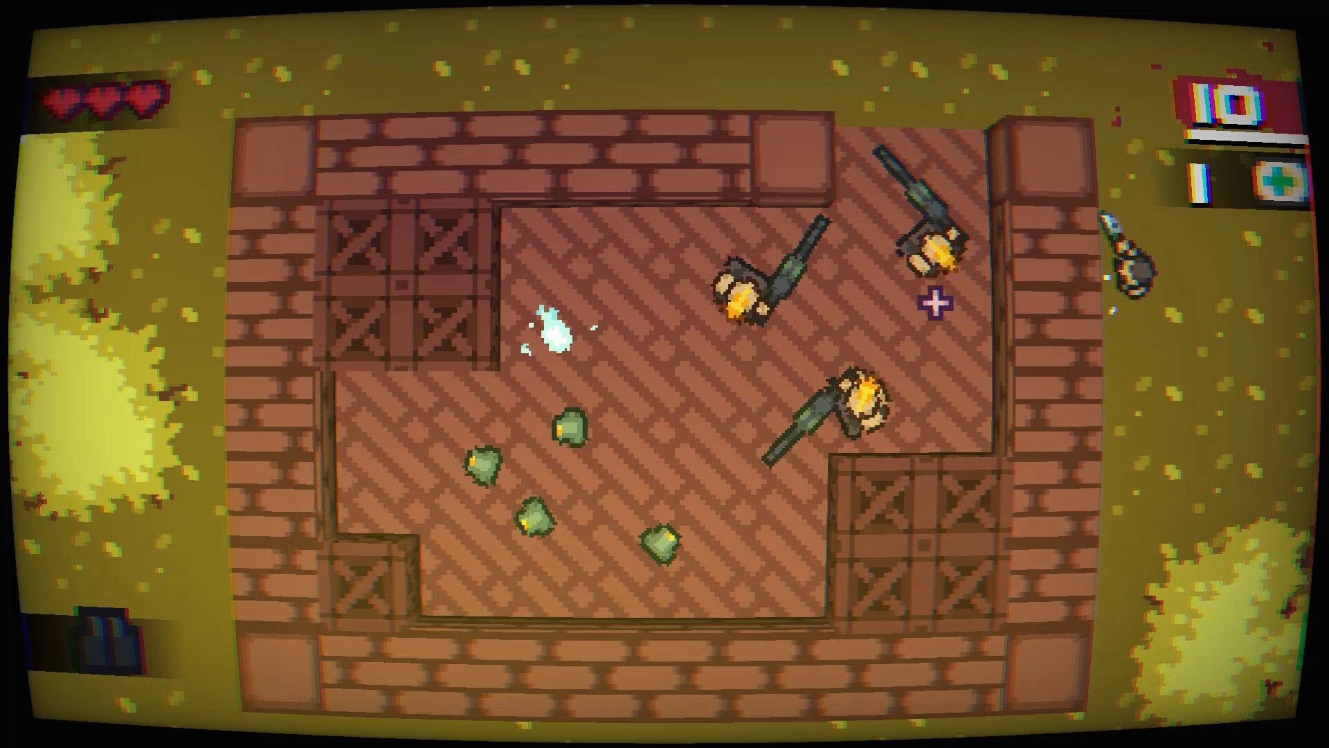 Final Shot: Top-down view of player evading enemy gunfire in brick-walled arena with health icons visible.