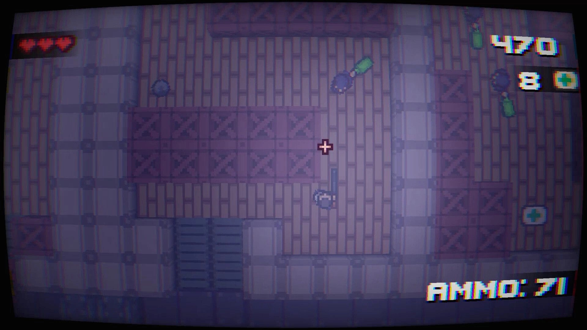 Final Shot: Top-down view of character in dungeon with ammo count, score, and health bar displayed