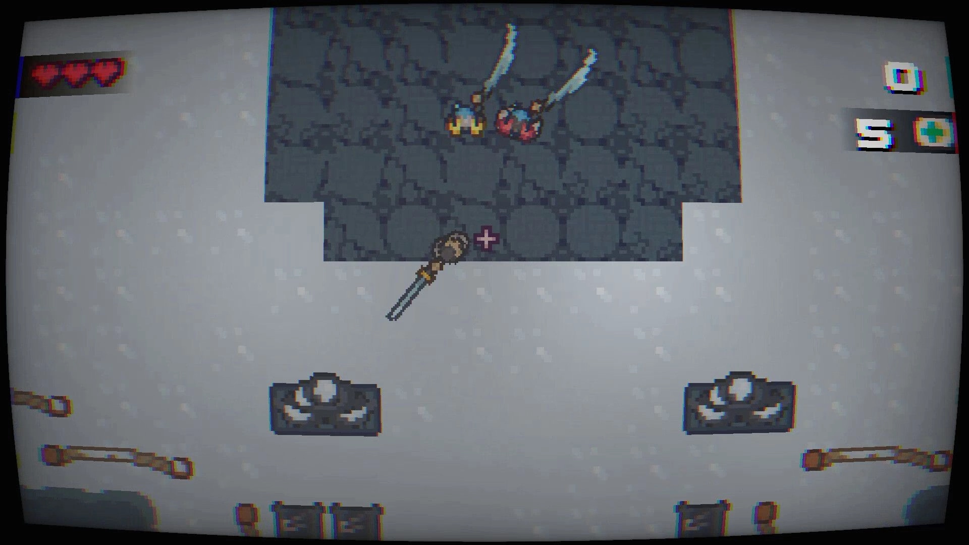Final Shot: Character aiming weapon at two flying enemies in pixelated dungeon environment with UI stats