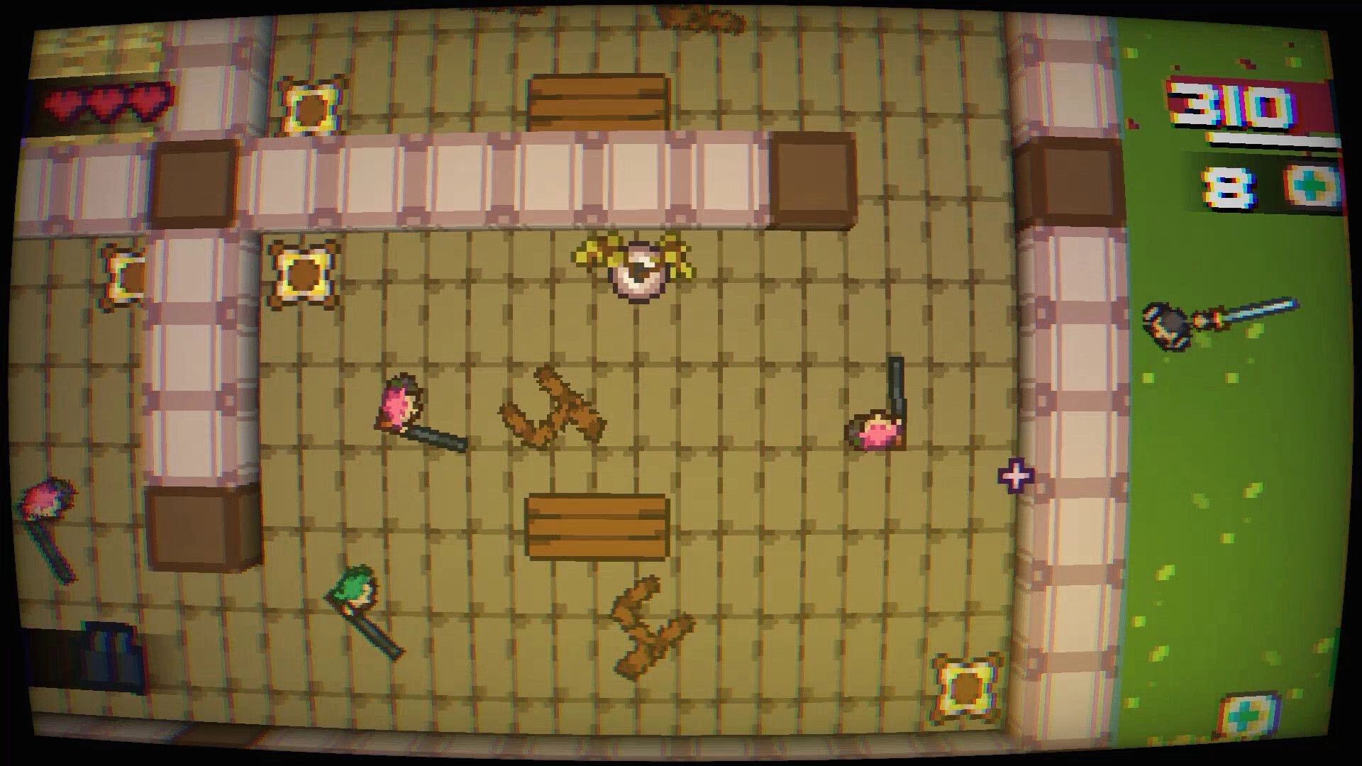 Final Shot: Top-down view of dungeon room with scattered weapons, UI showing health and score.
