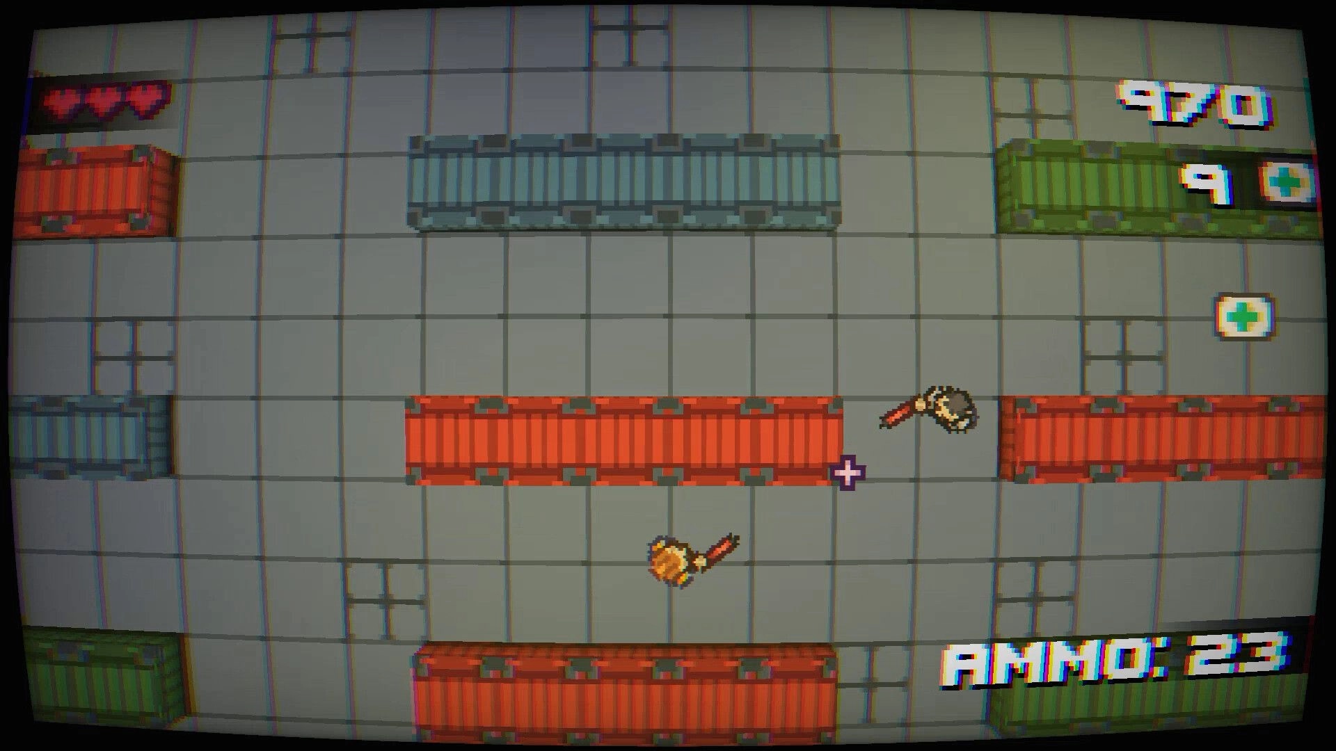 Final Shot: Top-down character navigating maze of colored crates with health and ammo indicators visible