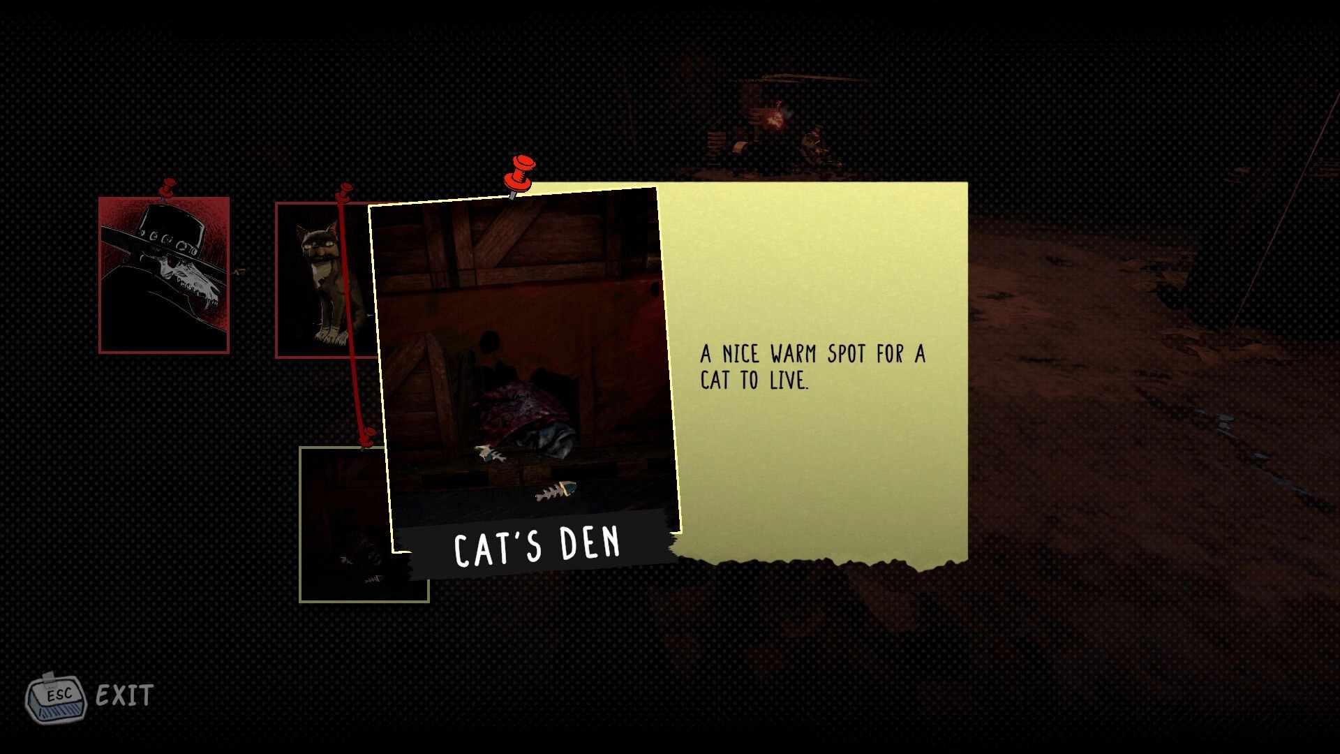 Finch & Archie: Investigation board with suspect photos and description of a cat's den location.