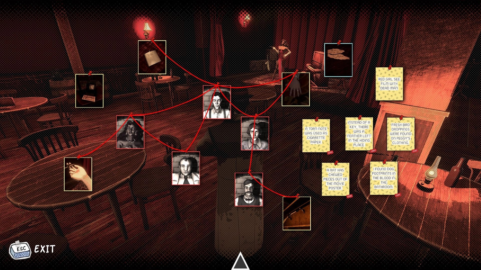 Finch & Archie: Evidence board with suspect photos and clues linked by red strings in dimly lit room