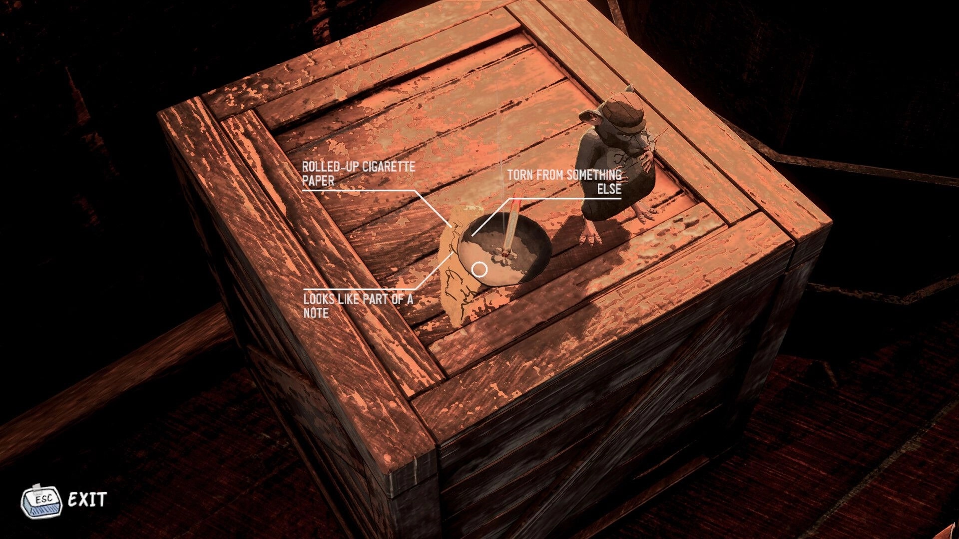 Finch & Archie: Investigating evidence on a wooden crate in a dimly lit warehouse environment.