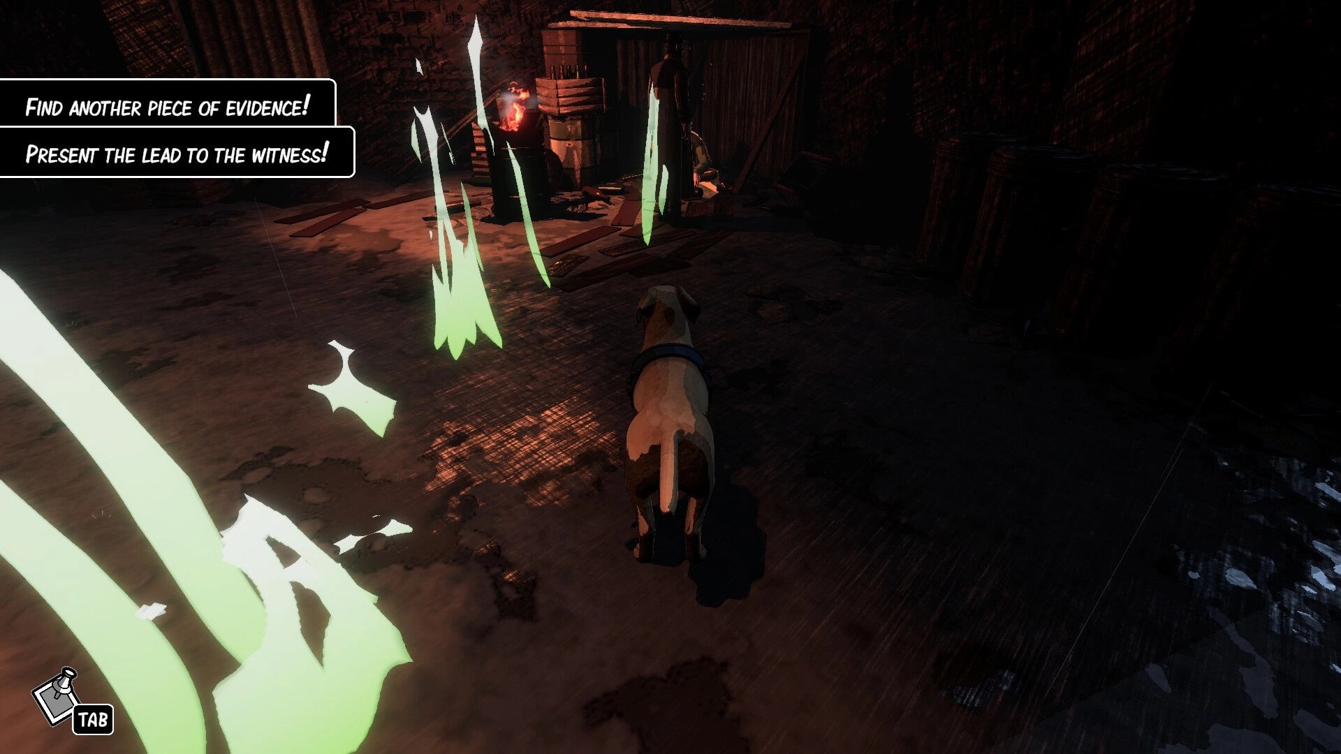 Finch & Archie: Archie investigates glowing scent trails near barrels in a dimly lit alleyway.