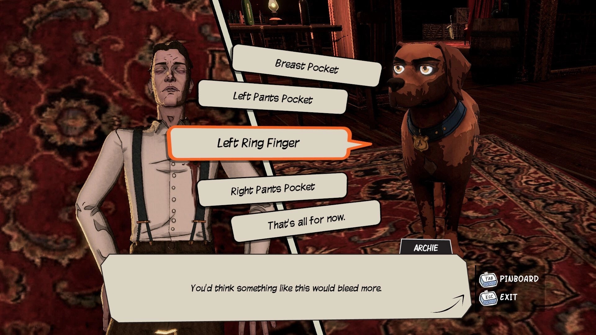 Finch & Archie: Interrogation menu with Archie in a dimly lit room, choosing to search left ring finger.