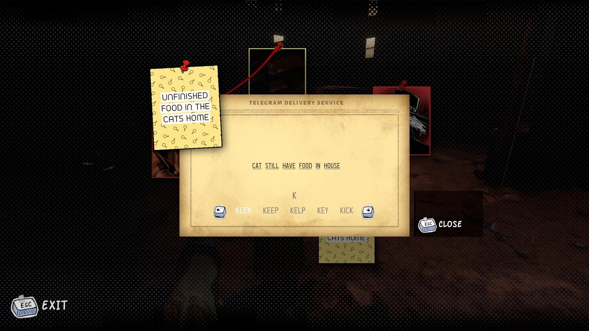 Finch & Archie: Telegram interface with clues pinned on board in dimly lit investigation room