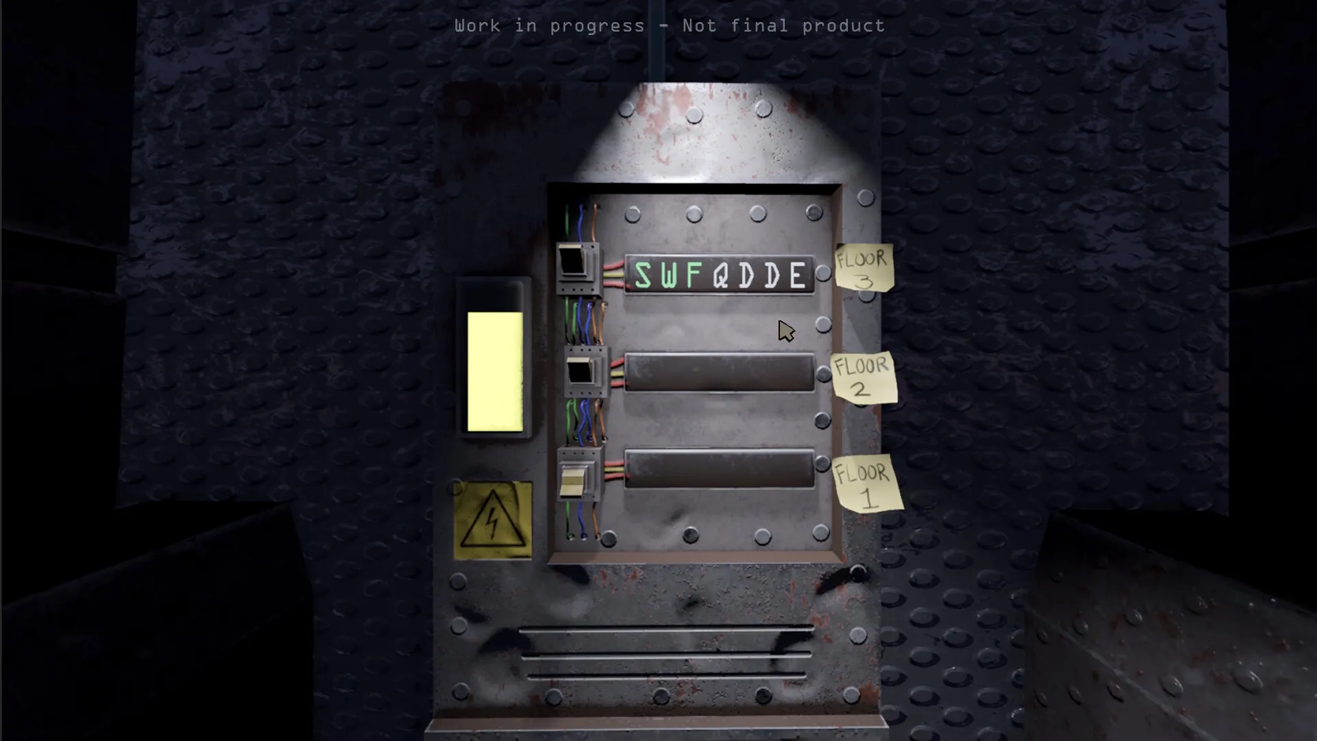 Find or be Found: Electrical panel puzzle with wires, switches, and floor notes in dimly lit room.
