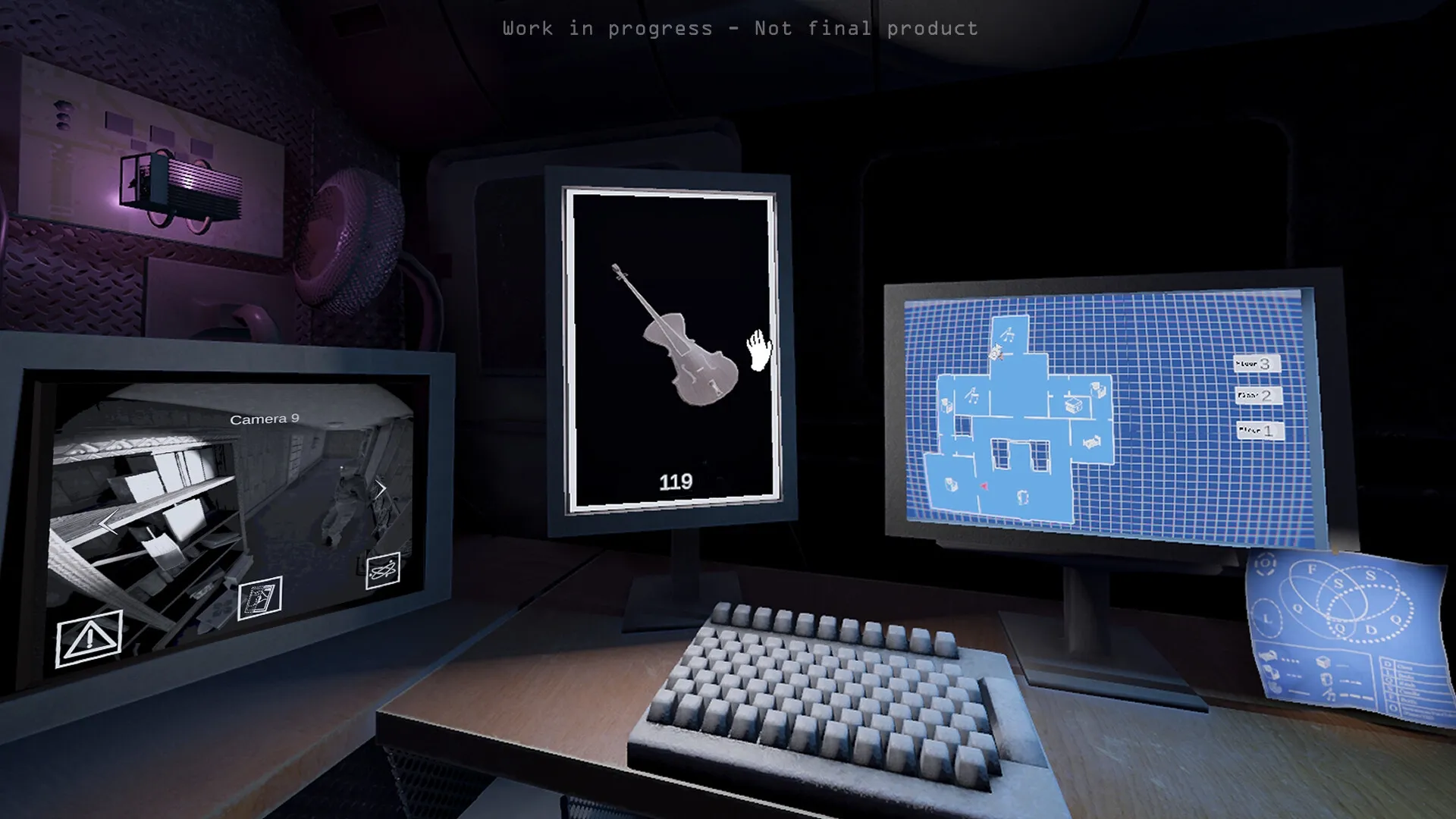 Find or be Found: Monitors display camera feed, map, and guitar icon in a dimly lit control room.
