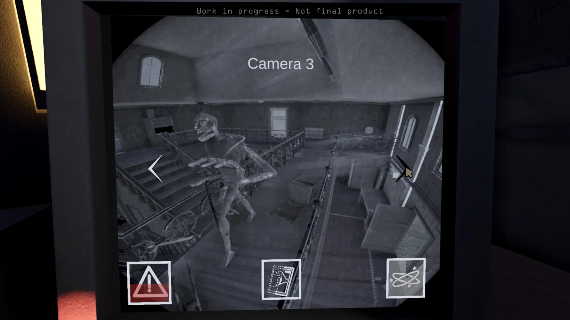 Find or be Found: Skeleton seen on CCTV in dimly lit attic with caution icons displayed on screen.