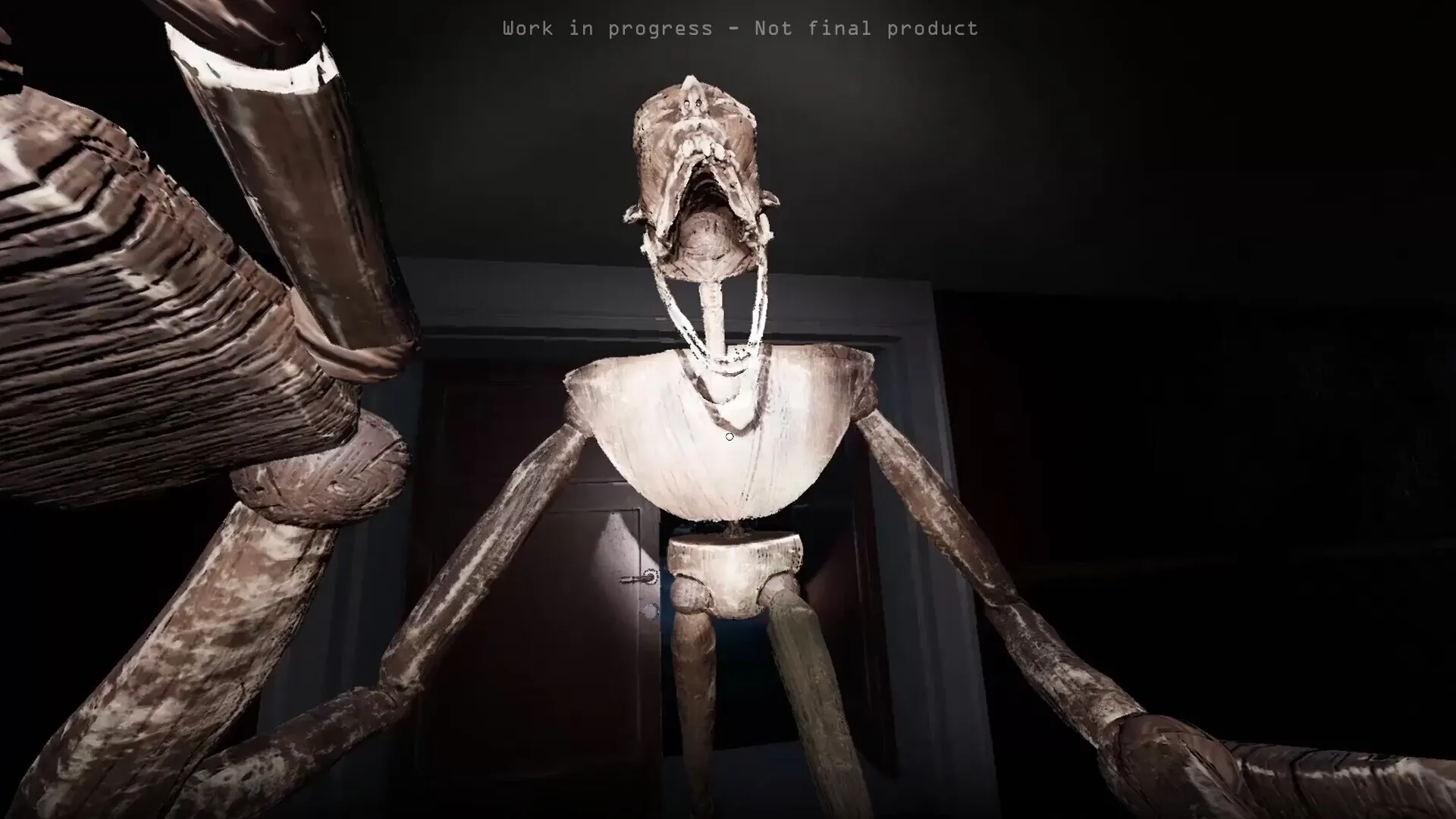 Find or be Found: Wooden mannequin monster lurks in dark hallway, work in progress displayed above.