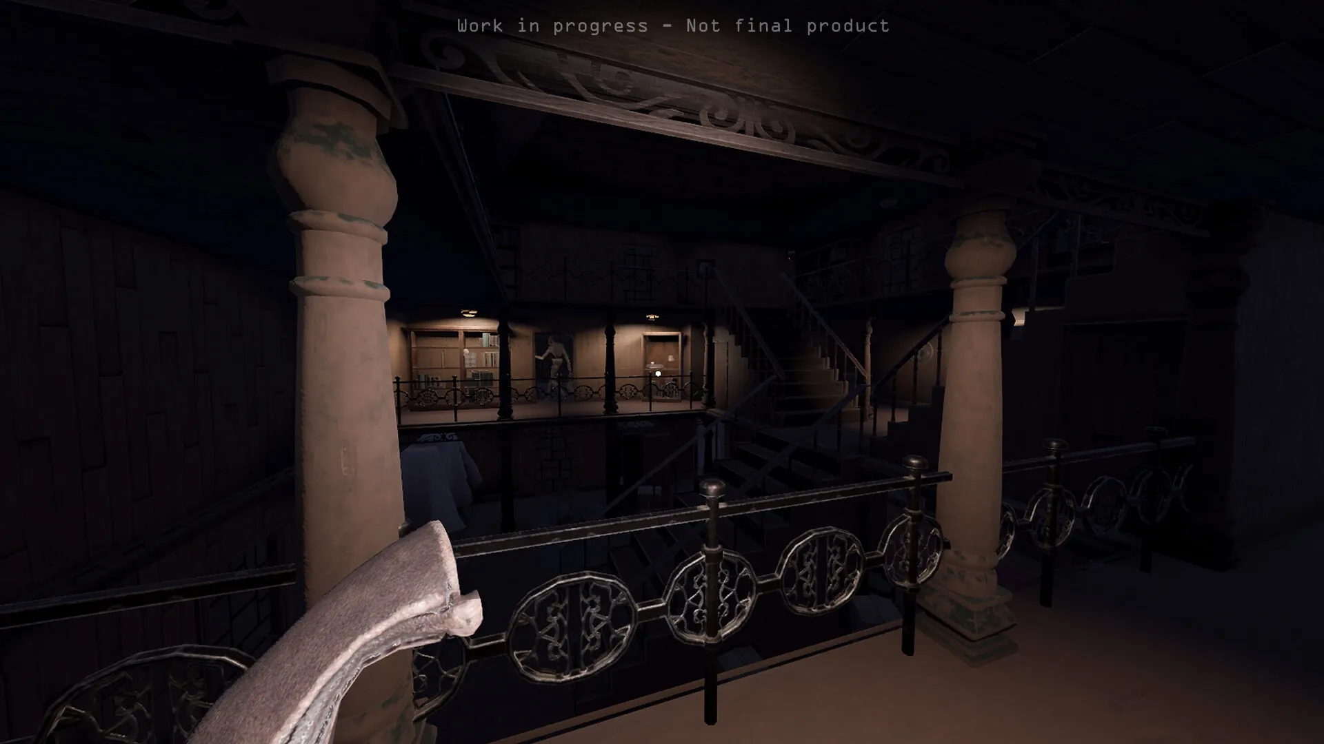 Find or be Found: Dimly lit corridor with stairs and closed doors, a character stands by the railings.