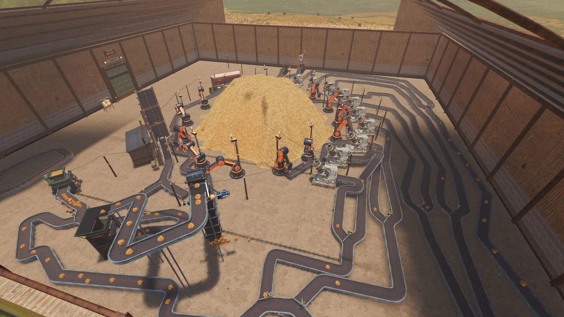 Find The Needle: Robotic arms sort hay onto conveyor loops around a giant haystack in warehouse yard.