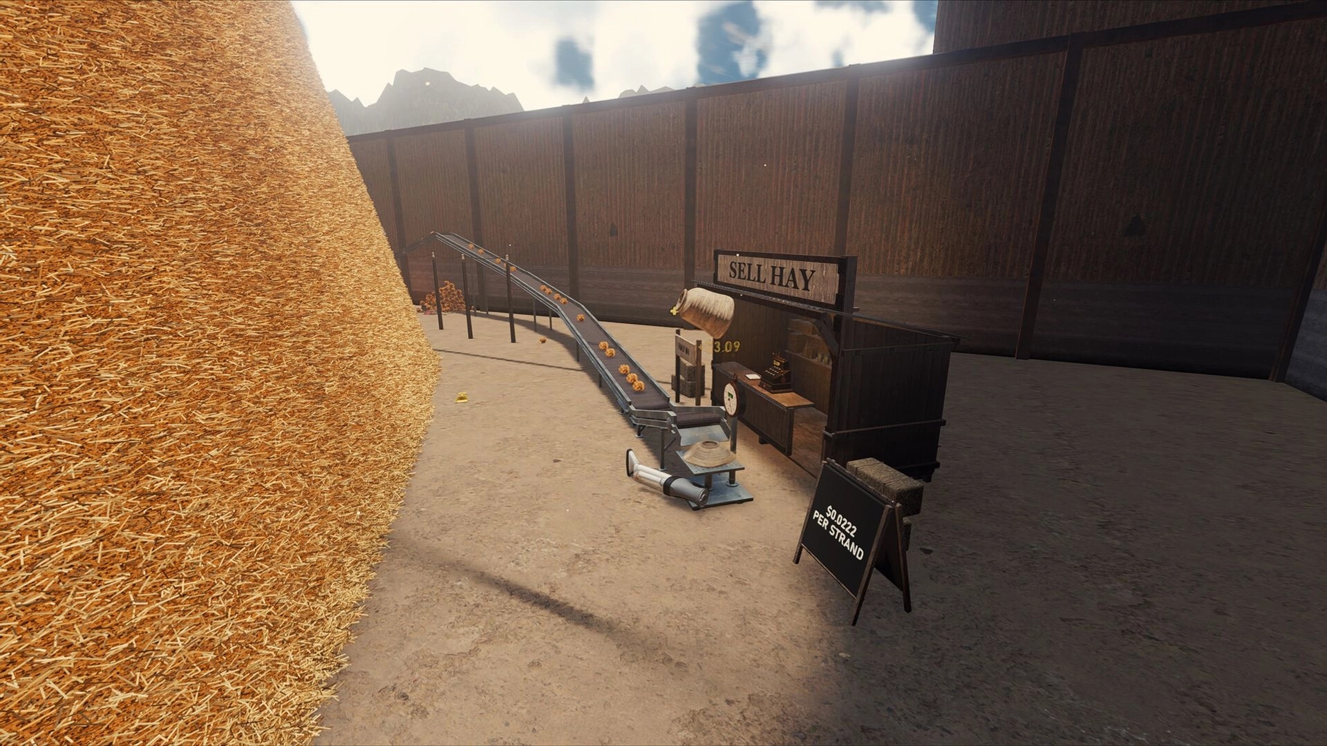 Find The Needle: Conveyor feeds hay strands into SELL HAY booth with price sign in fenced yard.