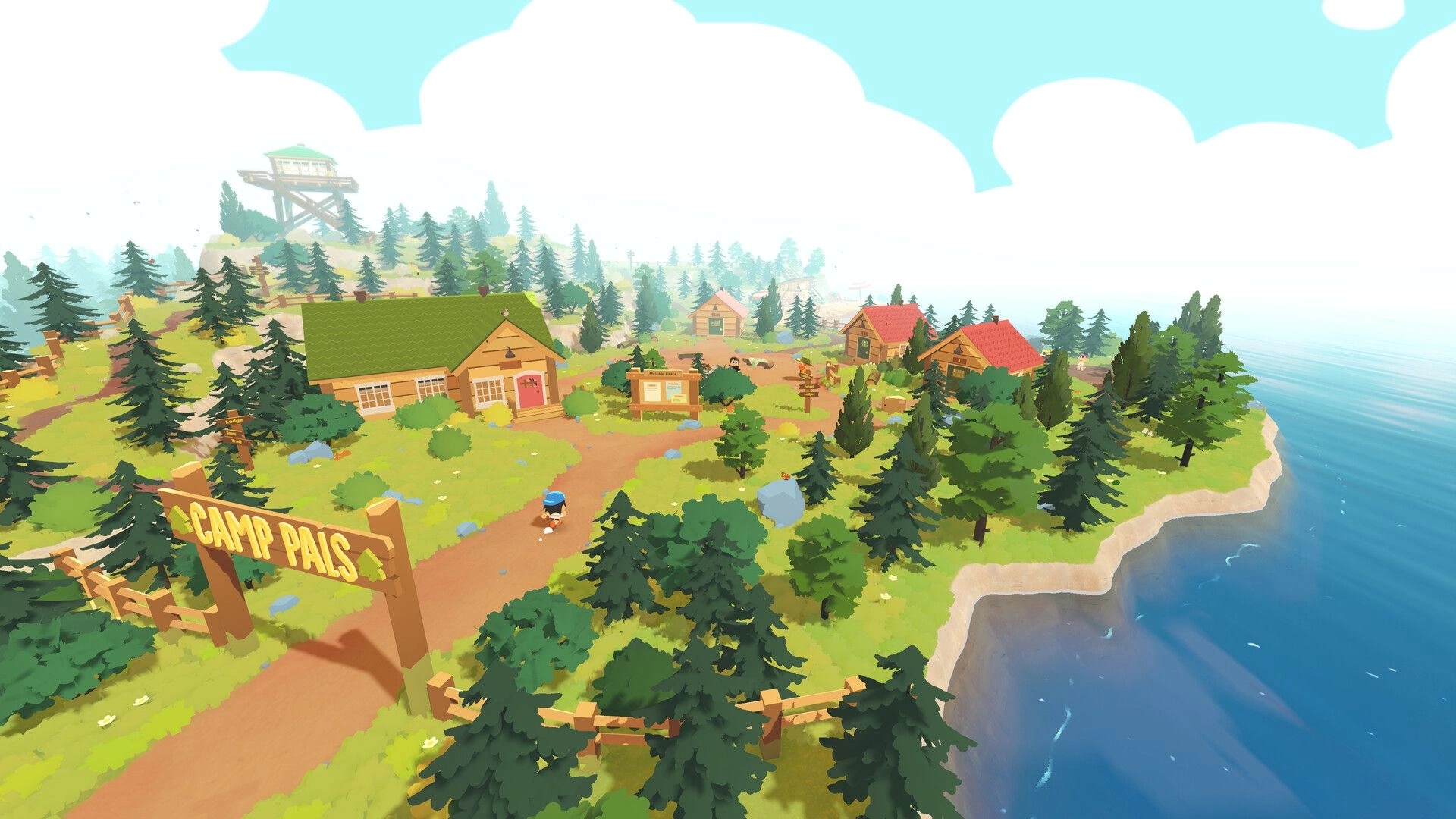 Find Your Words: Camper walks past Camp Pals entrance toward cabins on a forested seaside bluff.