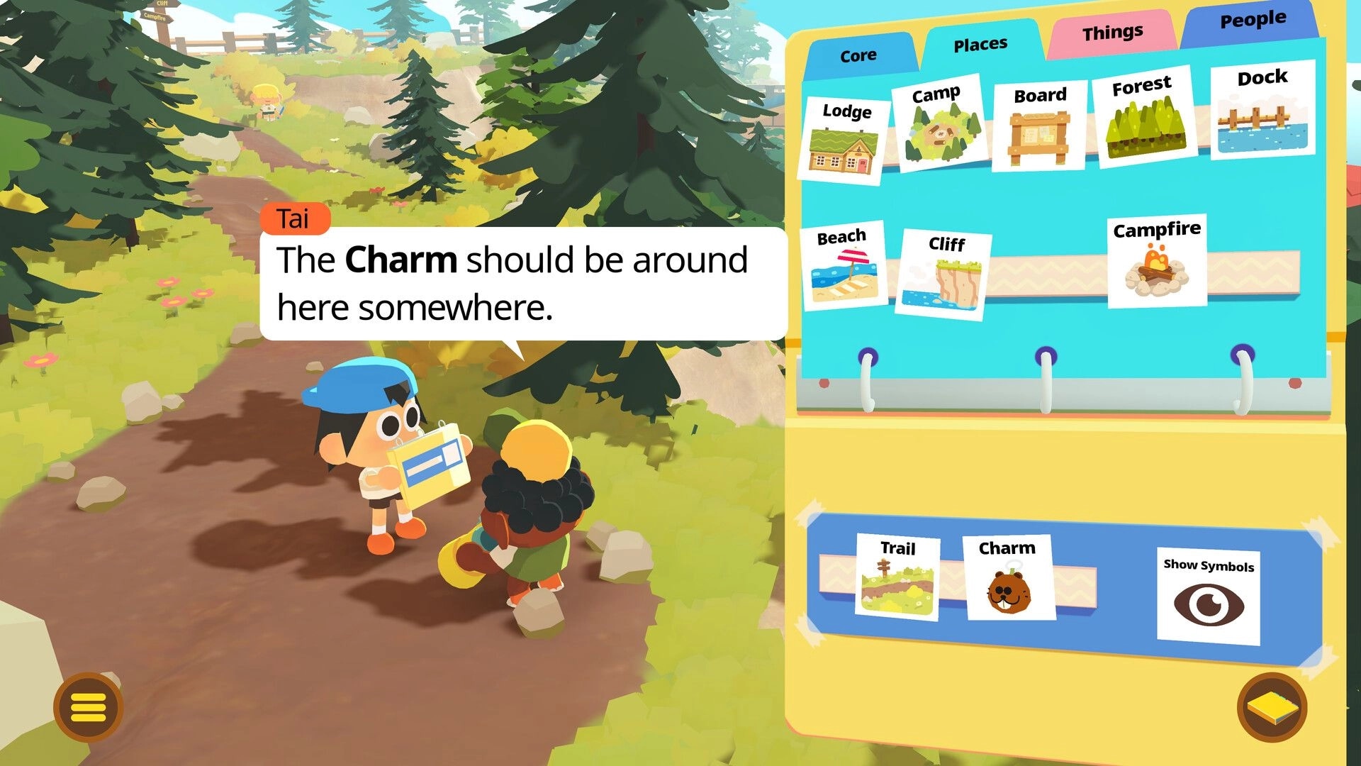 Find Your Words: Tai talks about a Charm while Places notebook UI is open on a forest trail.