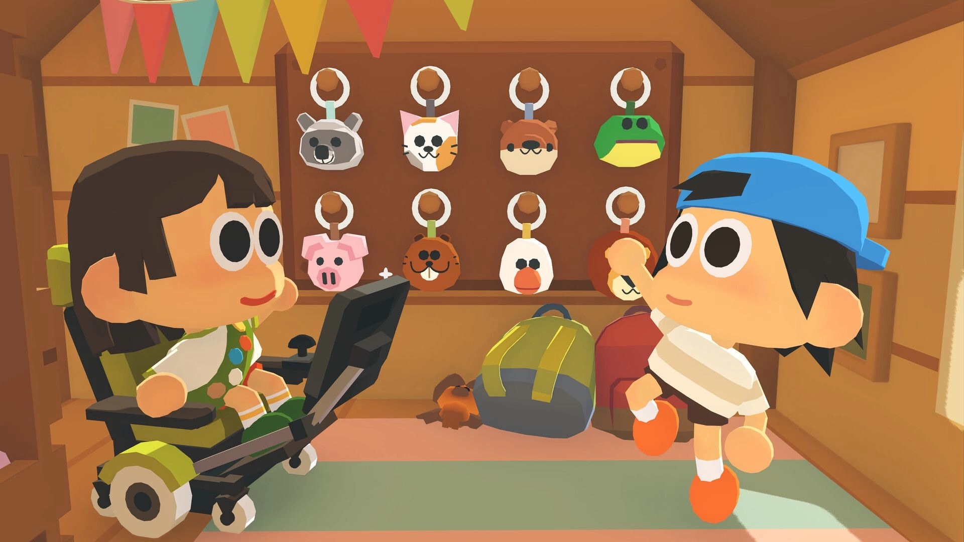 Find Your Words: Two campers chat beside animal keychains and backpacks inside a cozy wooden cabin.