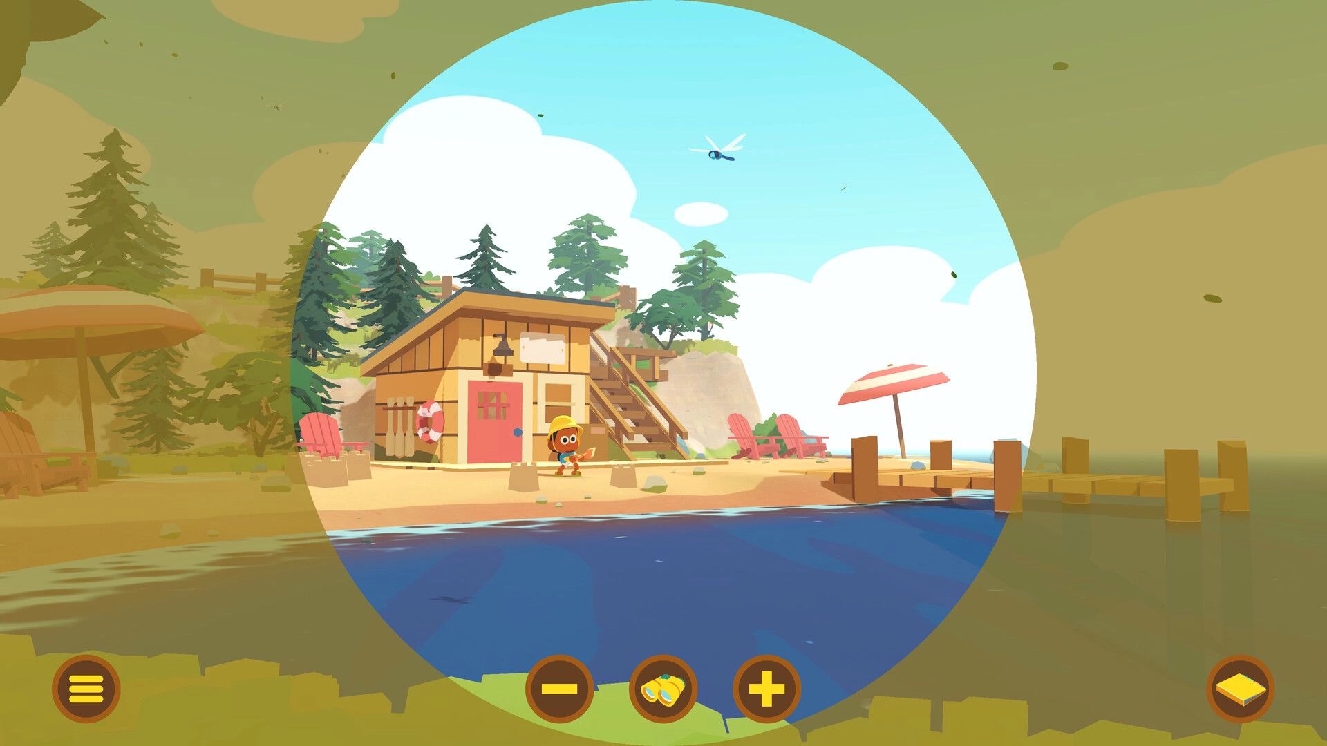 Find Your Words: Camper stands by a beach cabin with dock and zoom controls at the shoreline.