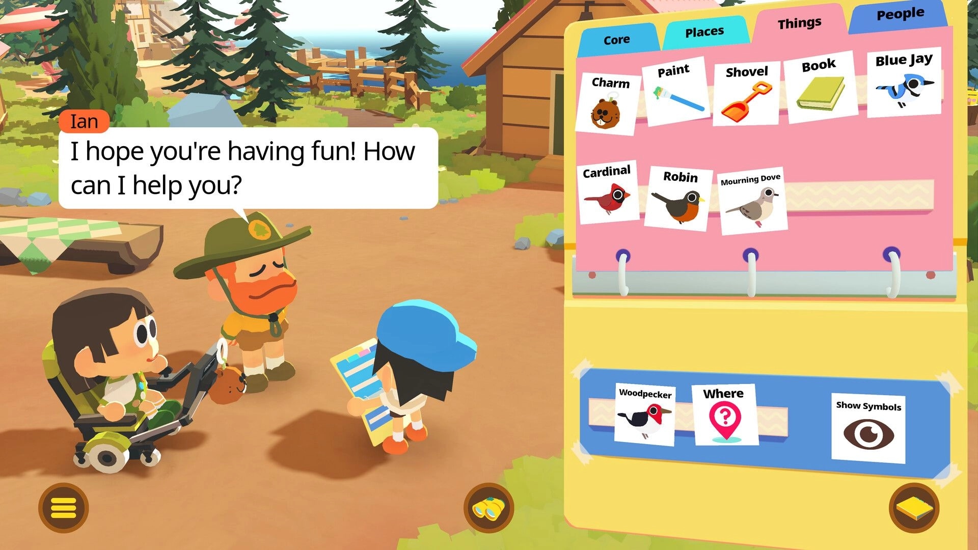 Find Your Words: Ian dialogue with word binder UI beside campers outside a cabin by the lake.