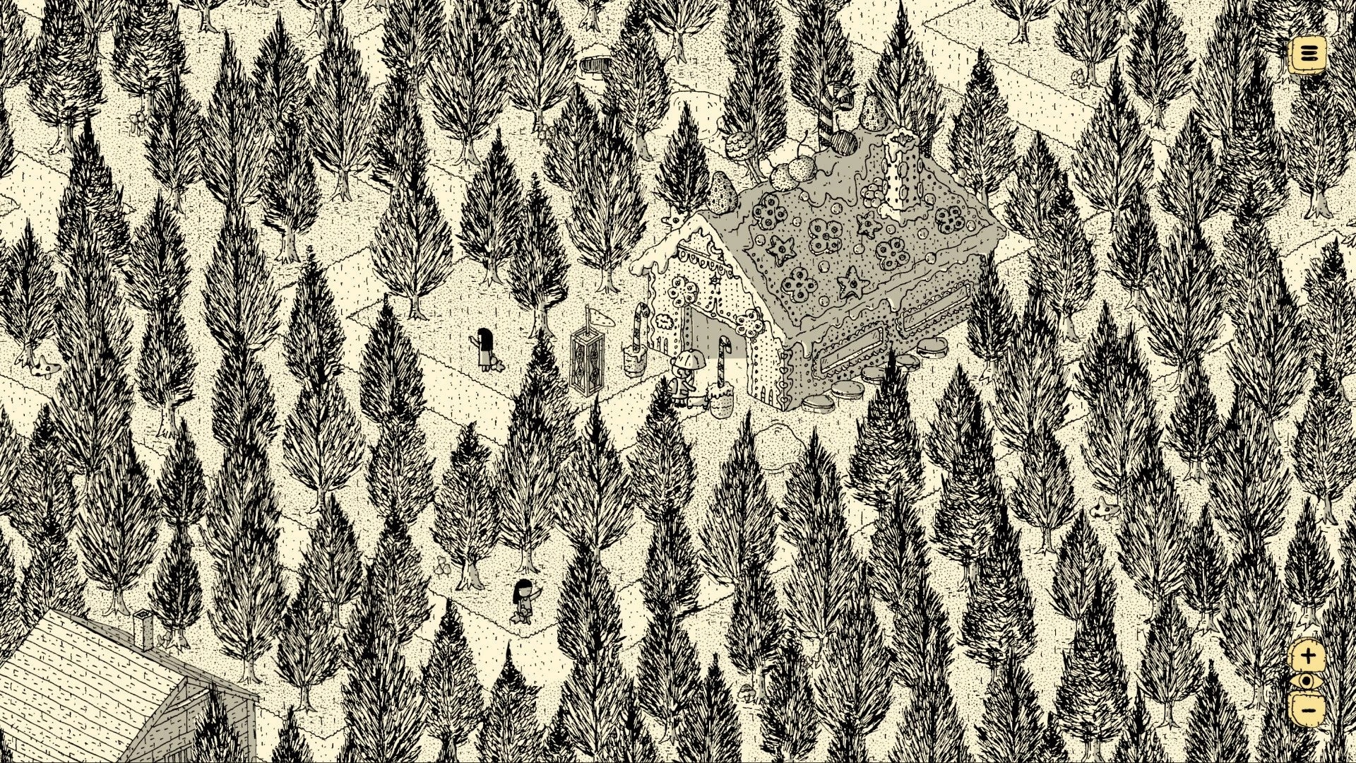 Finding Polka: Exploring a pine forest path past a frosted cottage, with menu and zoom UI icons.