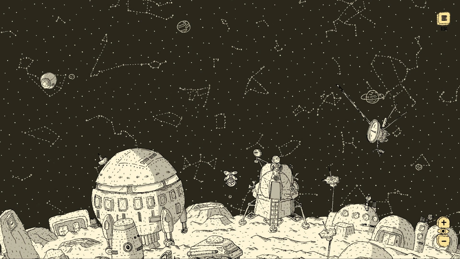 Finding Polka: Lunar base with domes and lander under star map sky, menu and zoom UI visible.