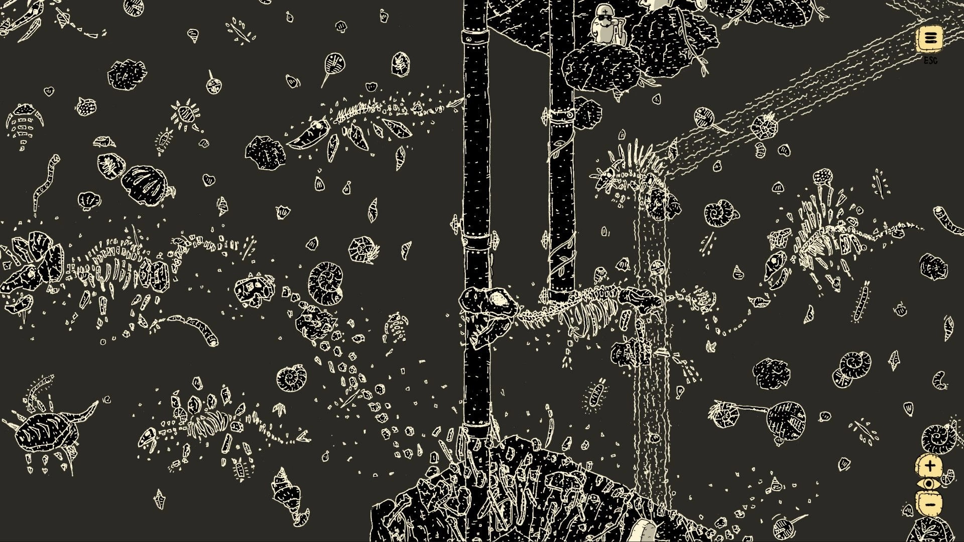 Finding Polka: Exploring a sketchy fossil cave with bones and shells, ESC menu and zoom icons visible.