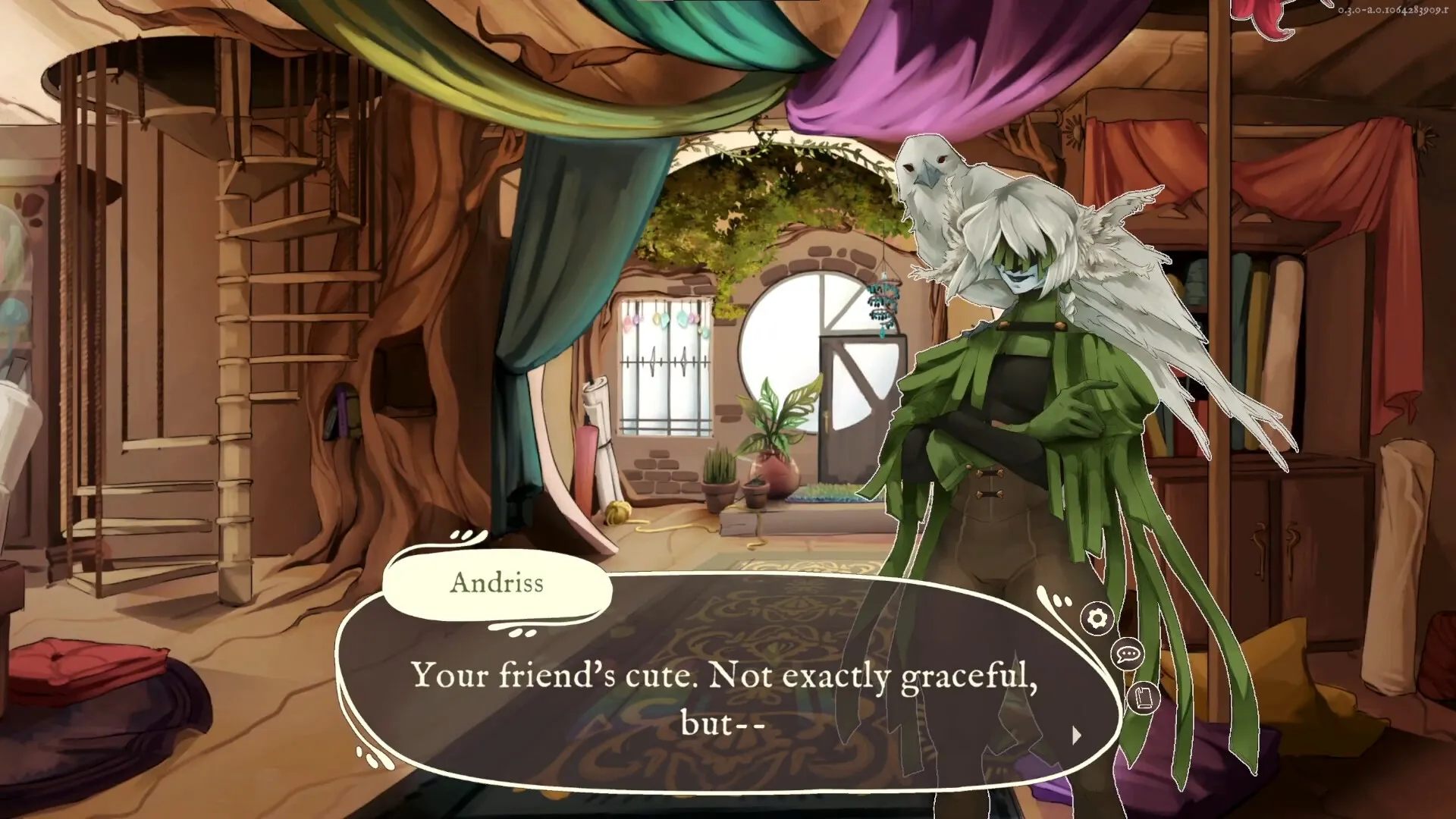 Fine Work: Andriss with a bird companion in a cozy, colorful room with a spiral staircase and plants.