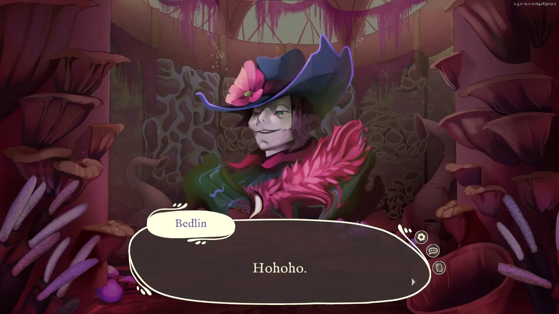 Fine Work: Bedlin in floral hat laughs amid colorful plants, dialogue box displaying "Hohoho."