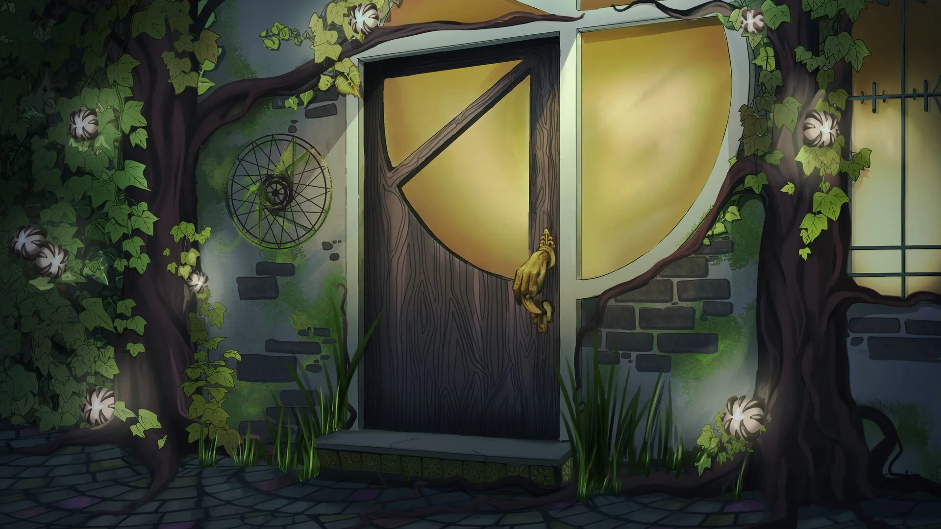 Fine Work: Enchanted door with a golden handle surrounded by ivy on a mystical cobblestone street