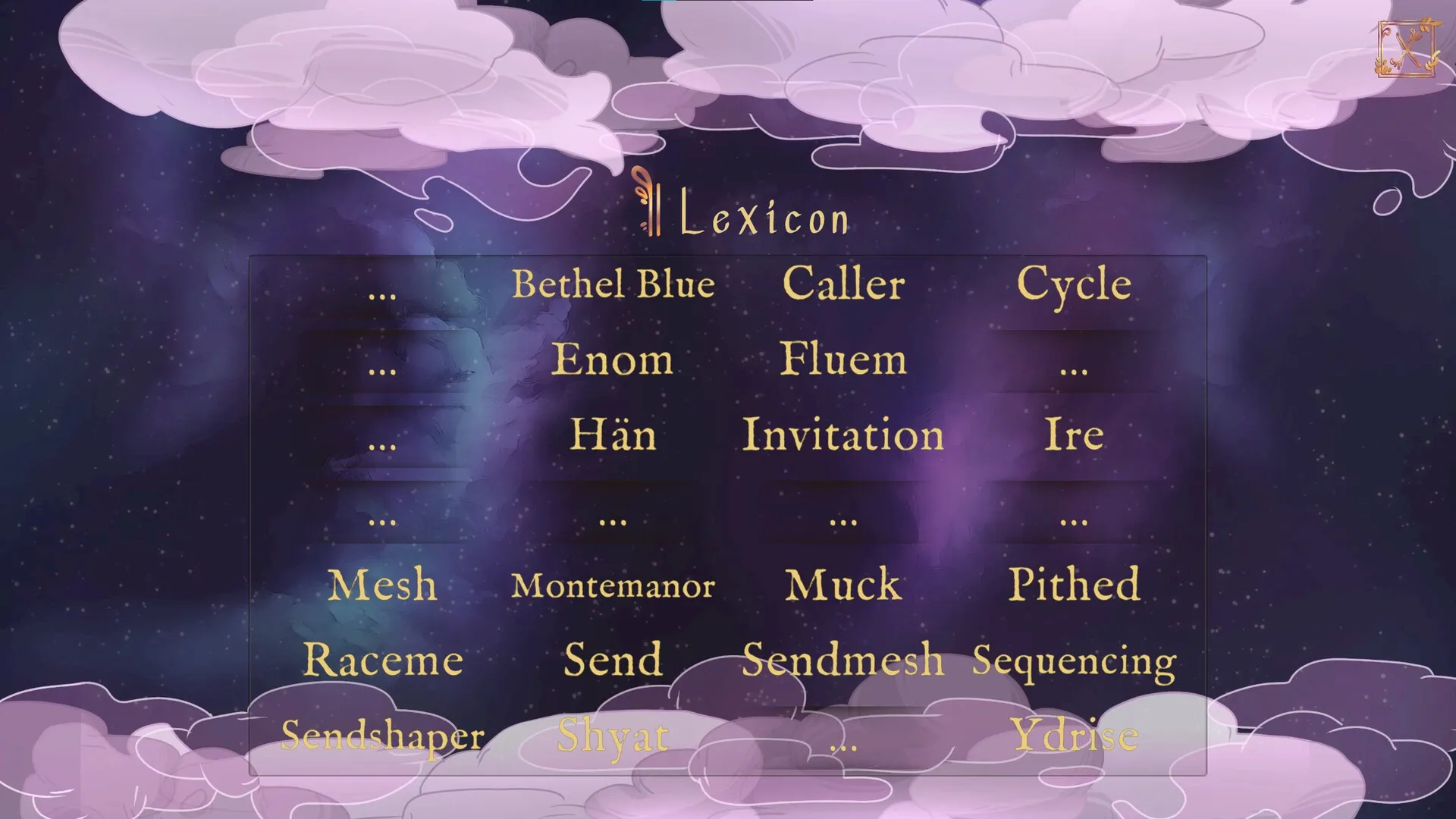 Fine Work: Lexicon screen displaying various words against a starry background with whimsical clouds.