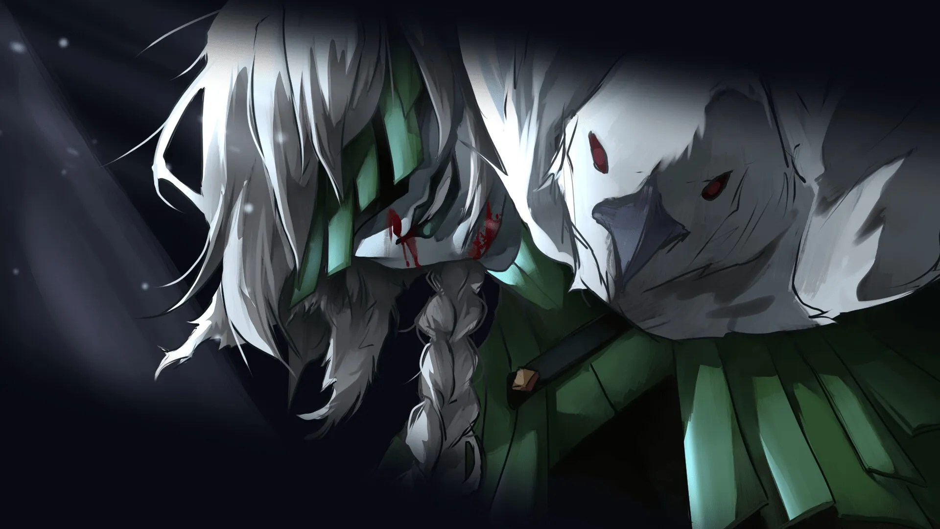 Fine Work: Mysterious character with braided hair and white bird in dimly lit, shadowy environment
