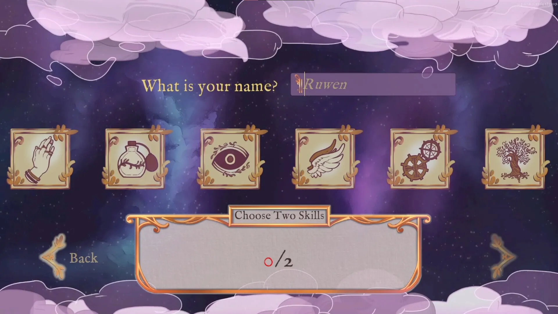 Fine Work: Skill selection menu with five icons and name entry in a starry, cloud-filled background.
