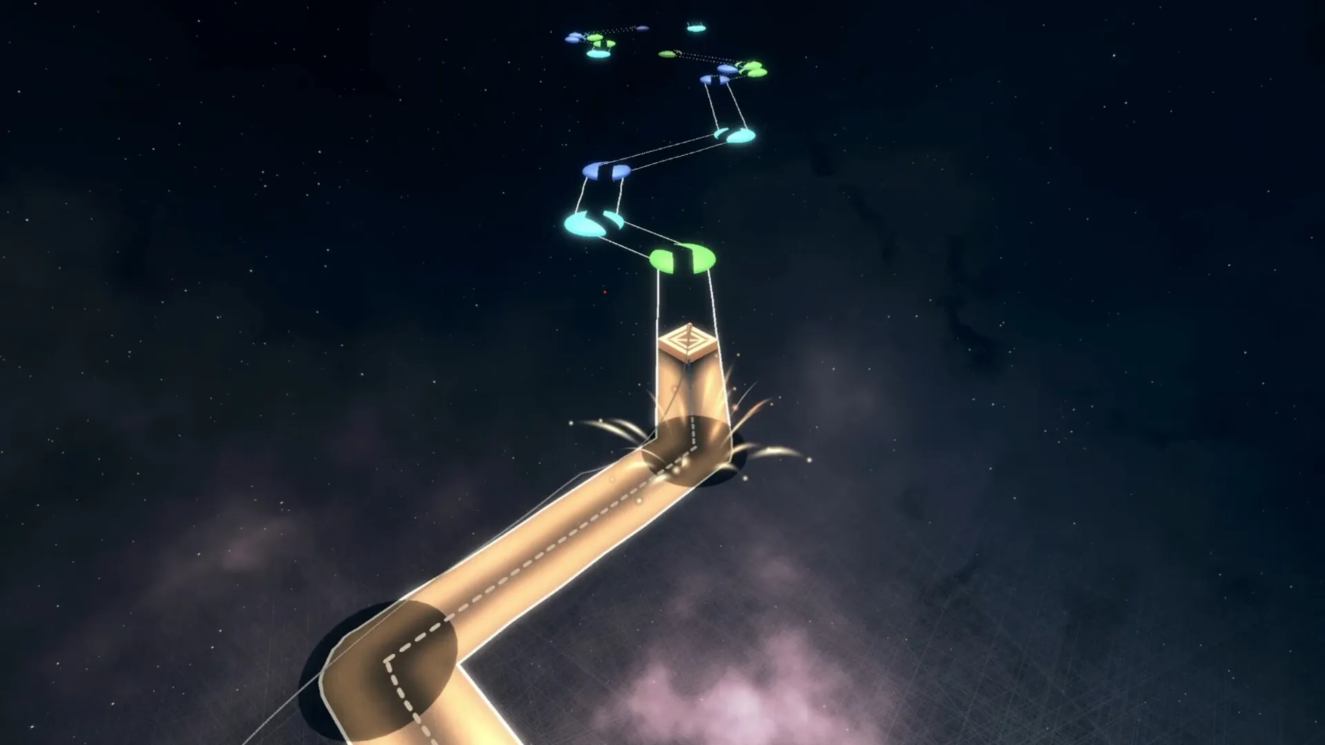 Fine Work: Glowing path in starry space with interconnected nodes and branching tubular roadways