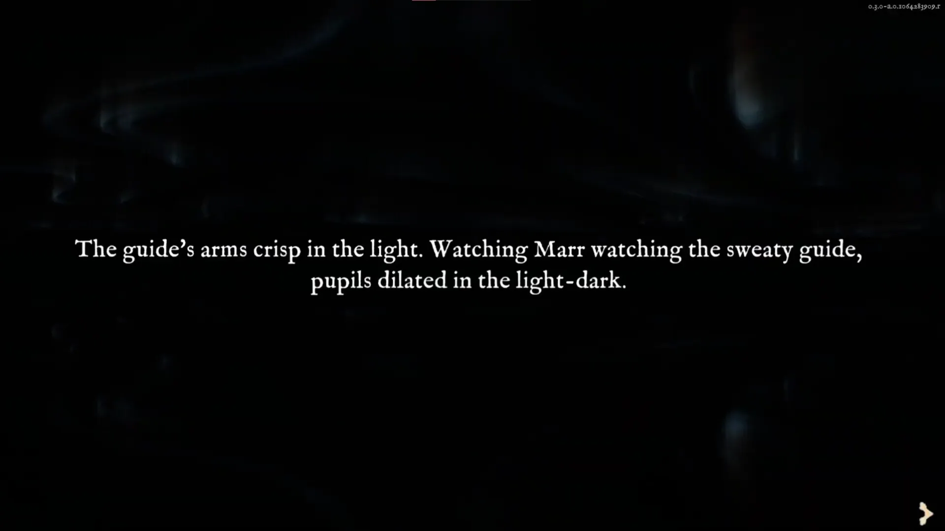 Fine Work: Text scene with dramatic lighting, focusing on character Marr's observation of the guide.