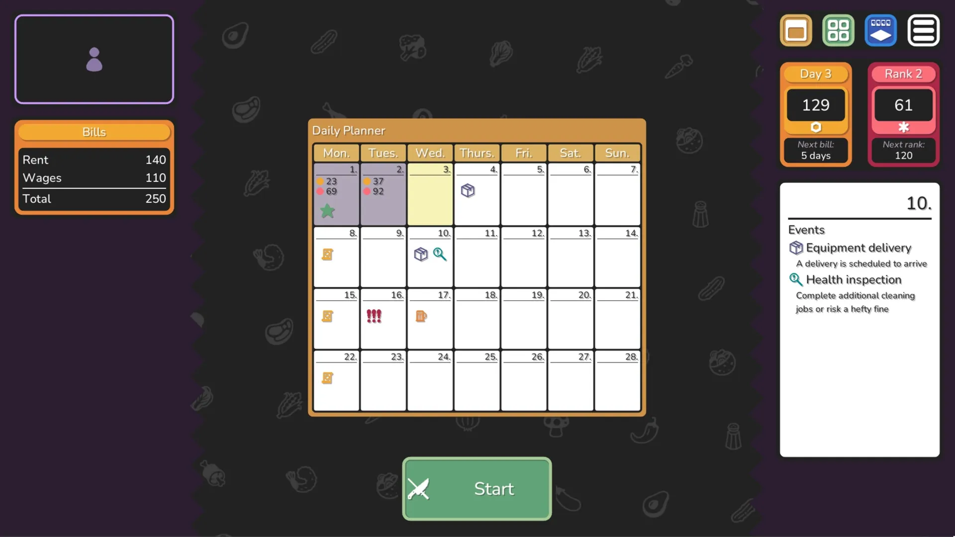 Finely Diced: Daily planner with event icons and bills summary in a cooking roguelite game interface