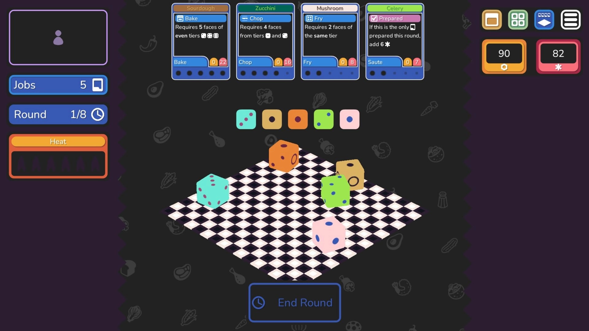 Finely Diced: Dice on checkered board with ingredient cards and job menu in culinary roguelite setting