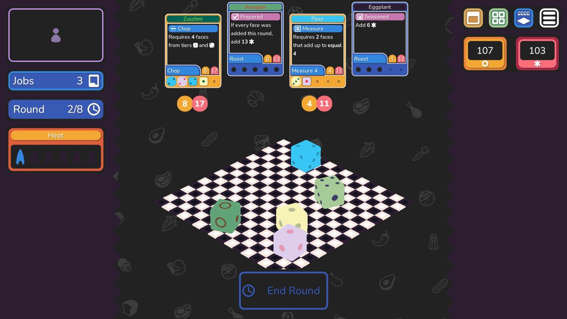 Finely Diced: Dice on checkered board with ingredient cards above, round and job stats on the left