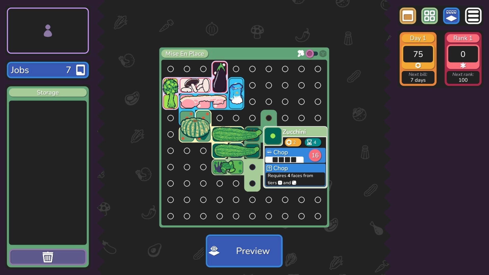 Finely Diced: Ingredient placement and chopping actions in the Mise En Place grid with UI elements visible.