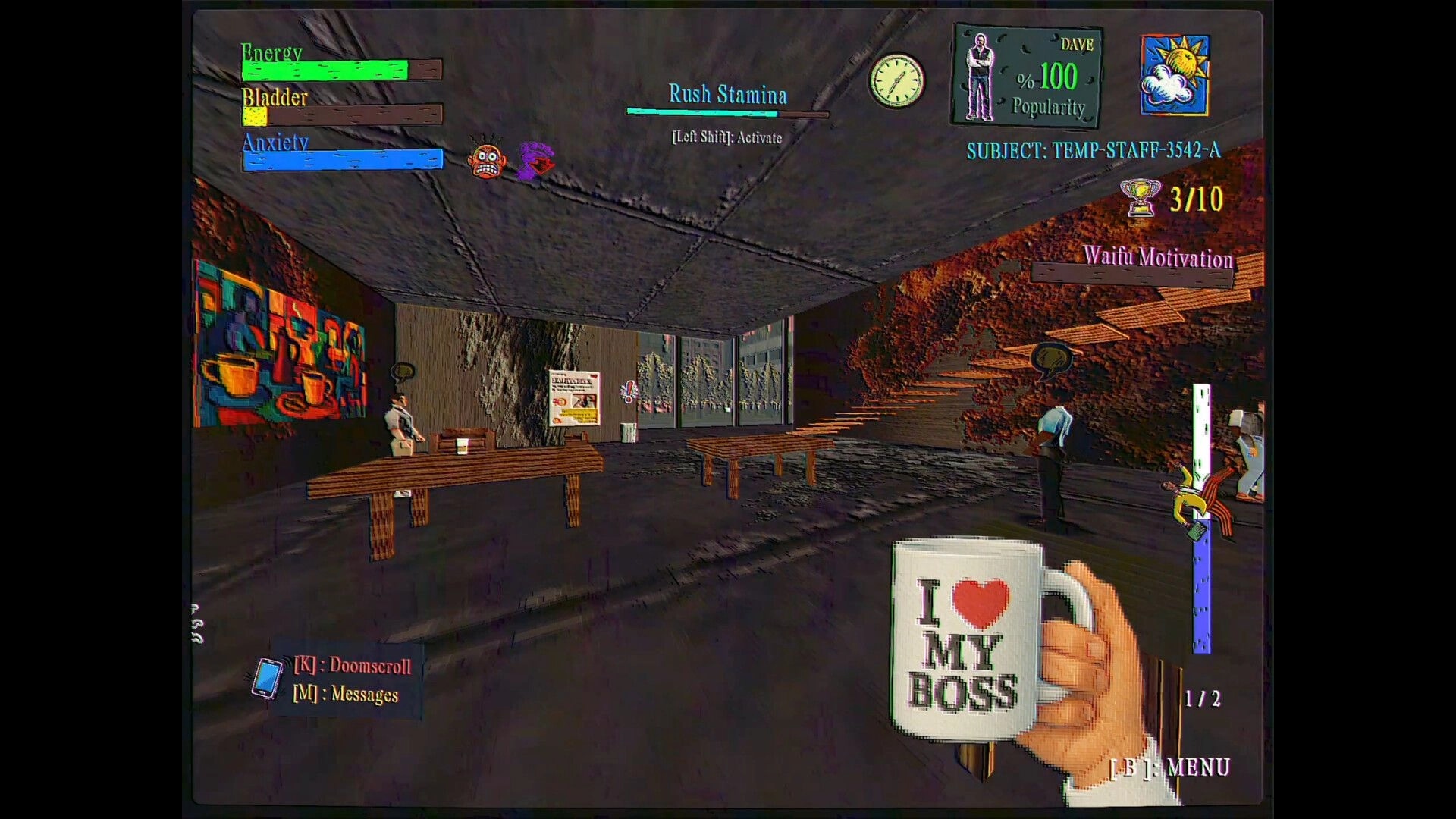 FINITE JEST: Holding “I ♥ MY BOSS” mug in break room with coworkers, energy/anxiety HUD and menu prompts.
